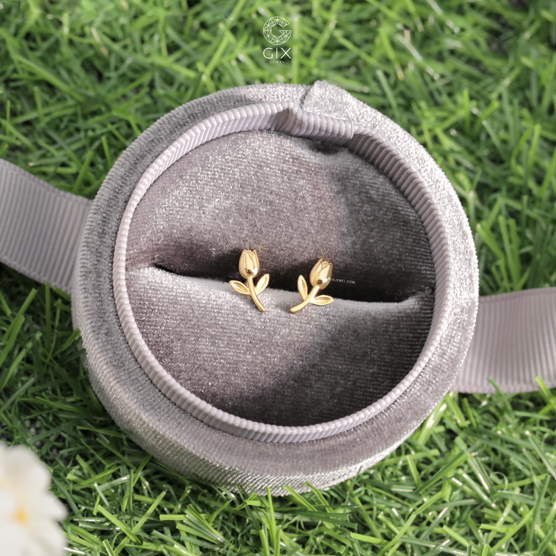 Bông tai cô dâu vàng trắng bạc ý hình hoa tulip đẹp sang trọng Gix