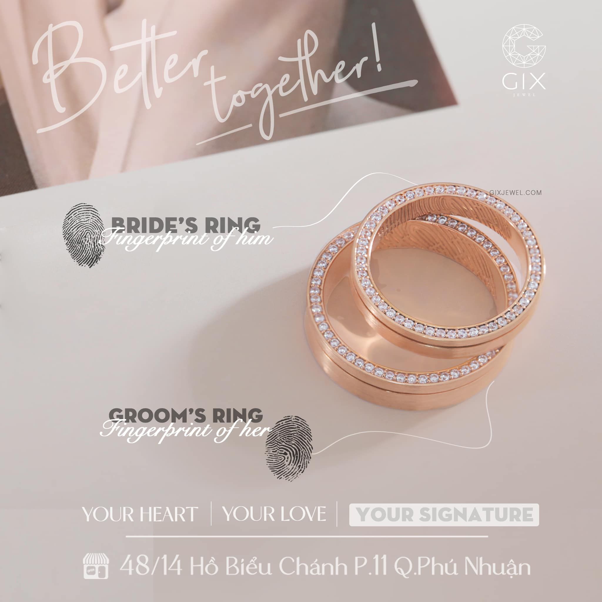 Nhẫn cưới đơn giản vàng hồng 18k đẹp kim cương nhân tạo khắc dấu vân tay Gix Jewelry