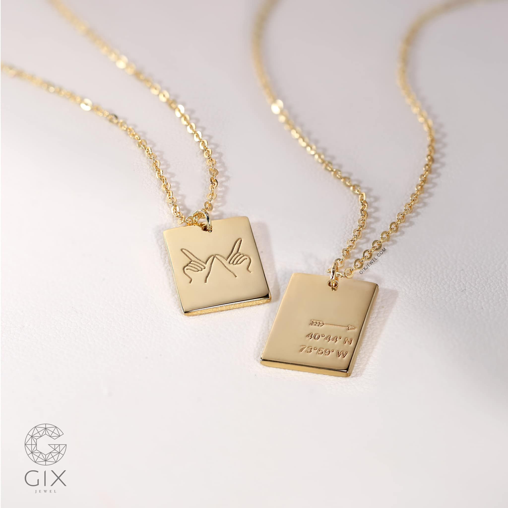 Dây chuyền đôi vàng 18k khắc tên theo yêu cầu sợi chữ cong hình chữ nhật Gix