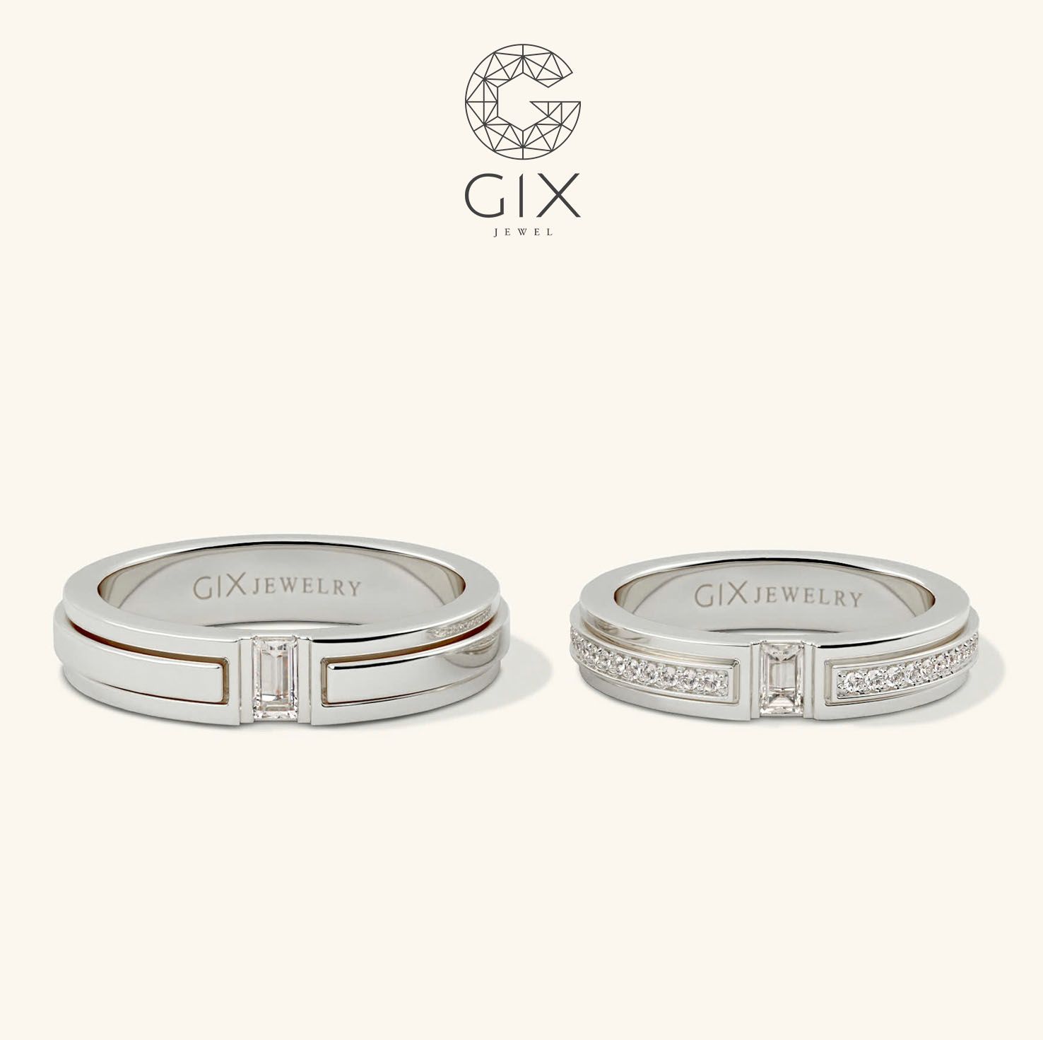 Nhẫn cưới kim cương vàng tây đẹp lạ bản vuông khắc hoa văn Gix Jewel