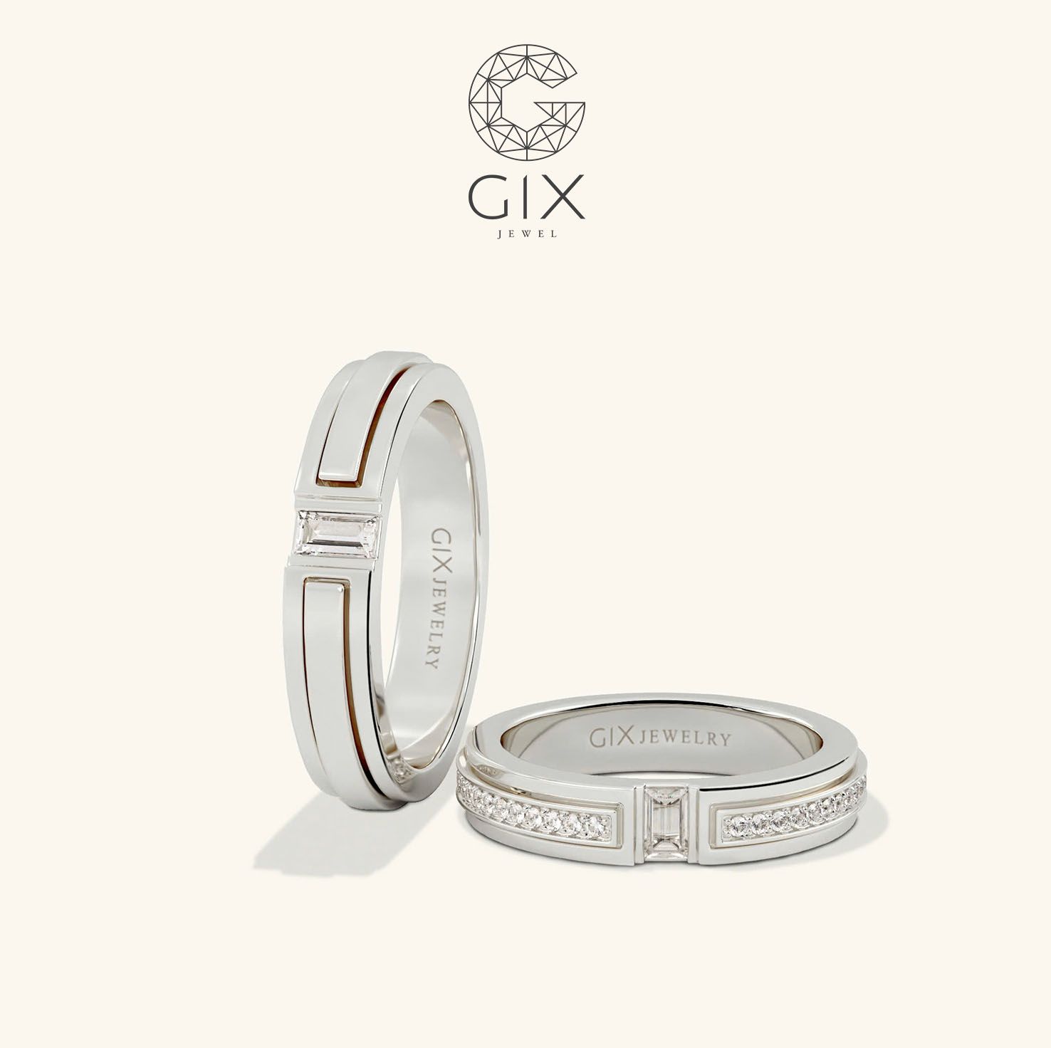 Nhẫn cưới kim cương vàng tây đẹp lạ bản vuông khắc hoa văn Gix Jewel