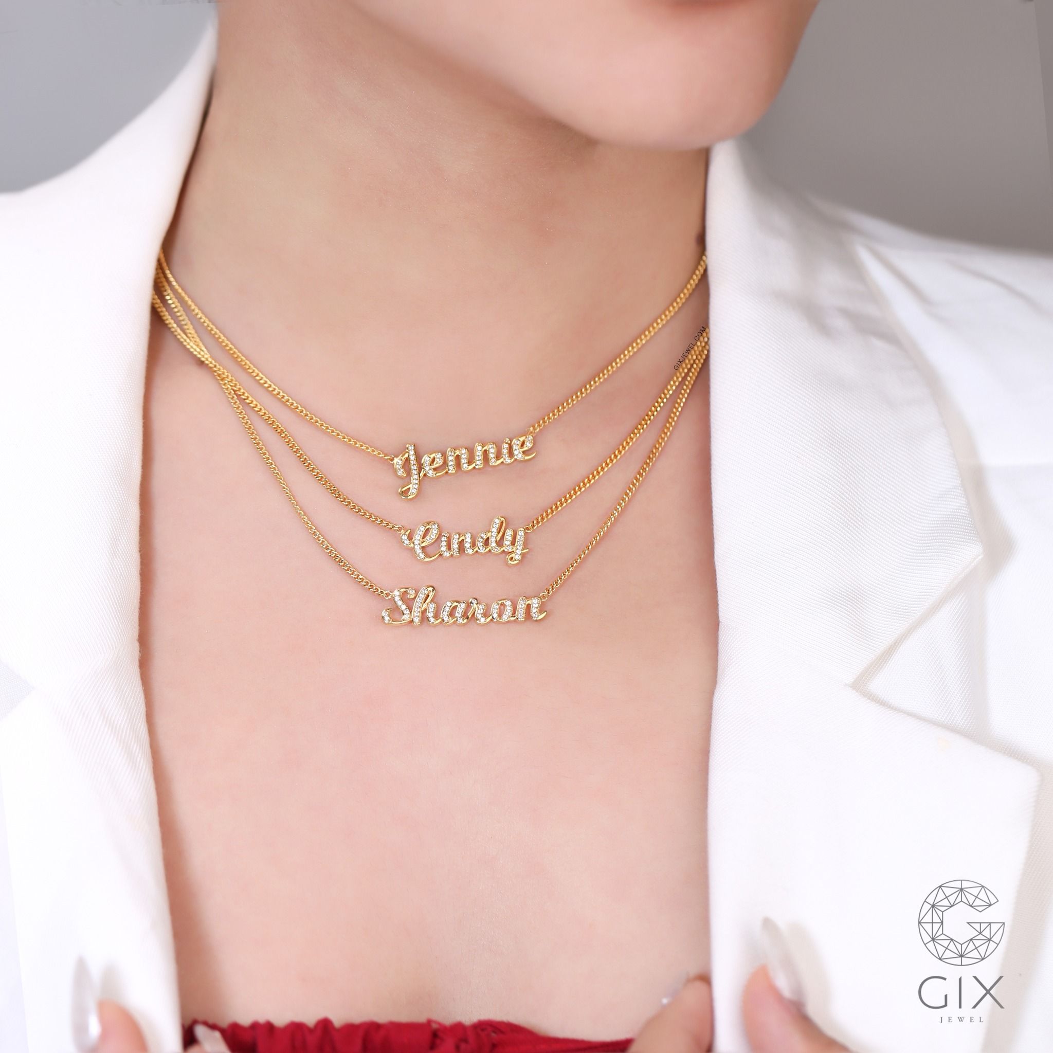 Dây chuyền in tên vàng tây cho nam nữ sọi khoen lật đeo cổ đính đá đẹp Gix Jewel