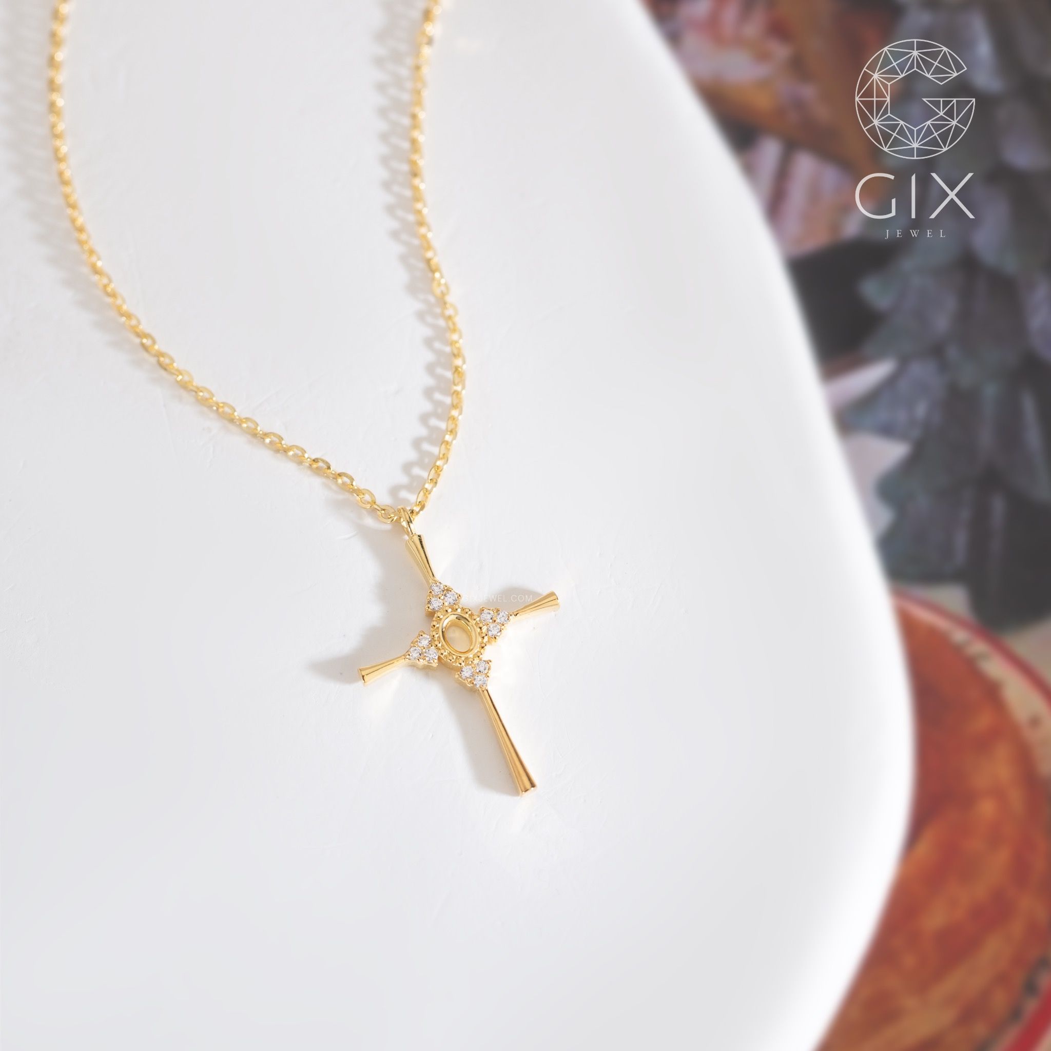 Vòng cổ mặt thánh giá nam nữ bạc 925 Gix Jewel xi vàng 18k đính đá CZ cao cấp TBBDC118