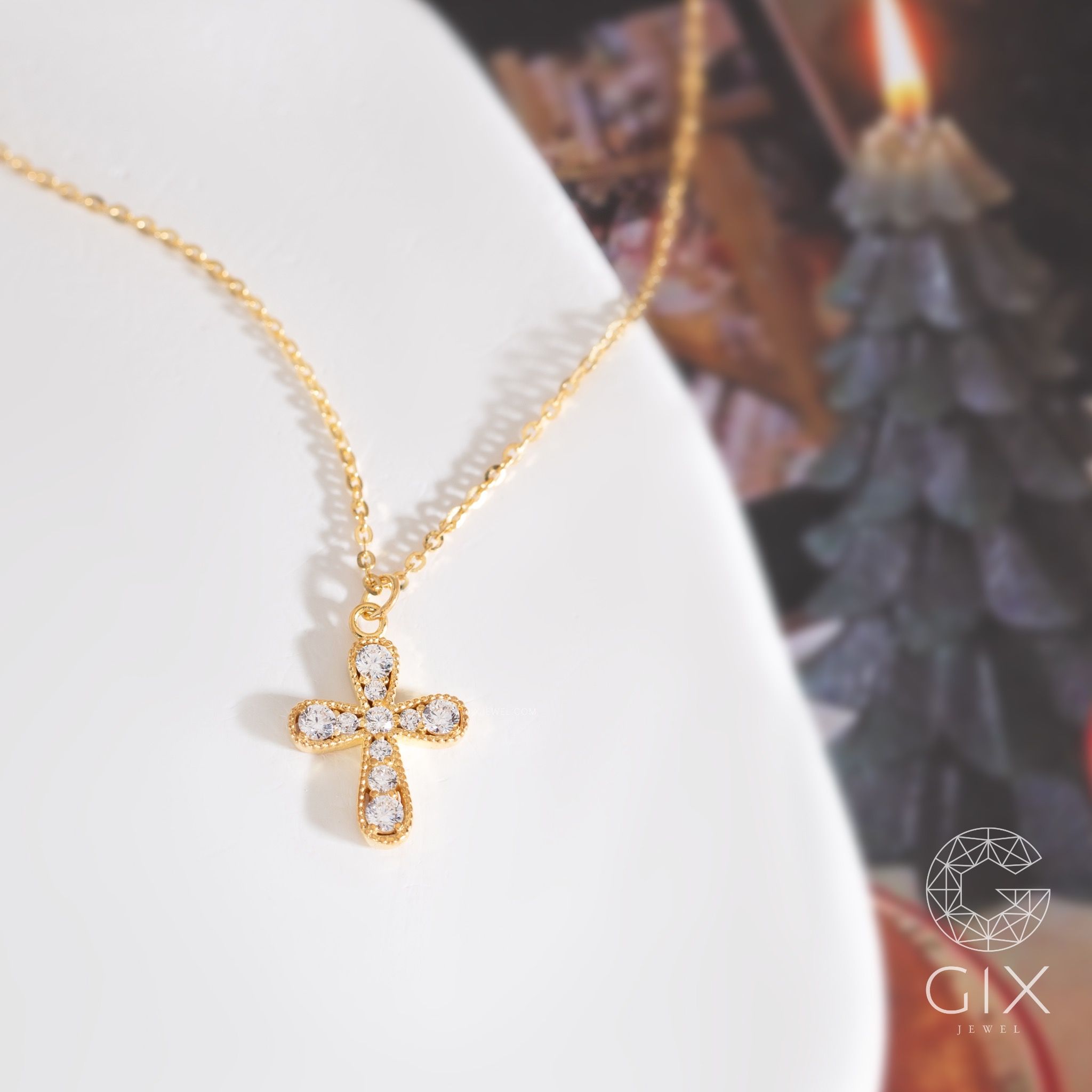 Dây chuyền mặt thánh giá nam nữ bạc mạ vàng 18k đính kim cương nhân tạo Gix