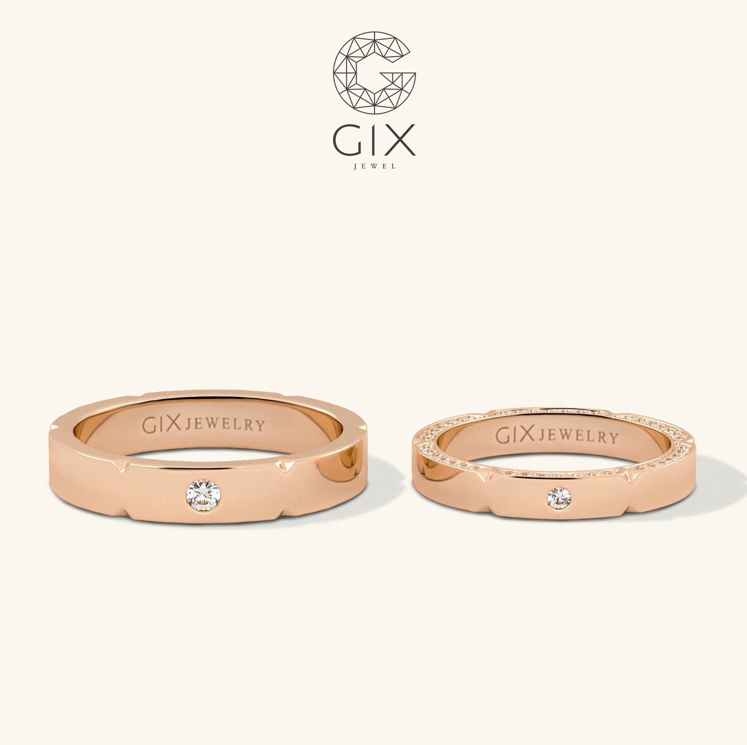 Nhẫn cưới nam nữ đẹp vàng trắng 18k đính kim cương đơn giản sang trọng Gix Jewel
