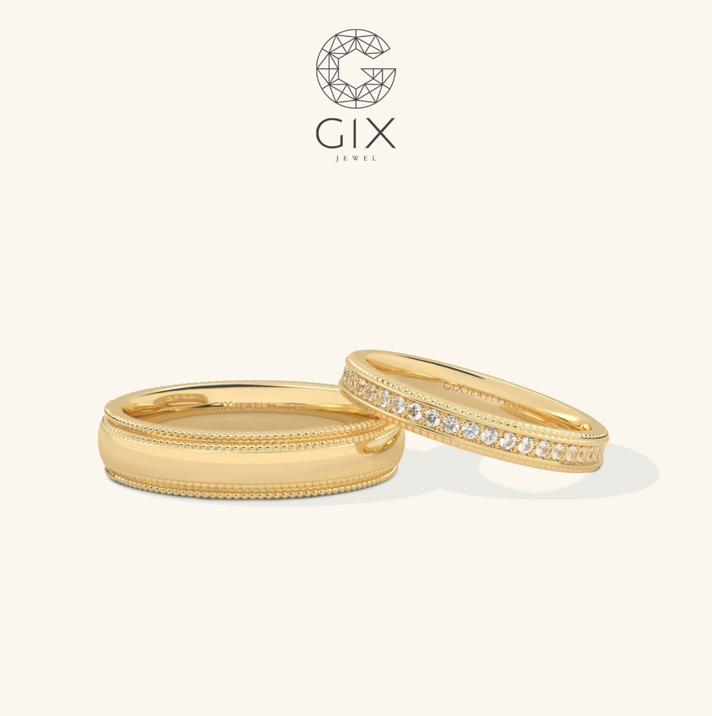 Nhẫn cưới cặp đẹp vàng tây 18k thiết kế riêng đính kim cương cao cấp Gix Jewel