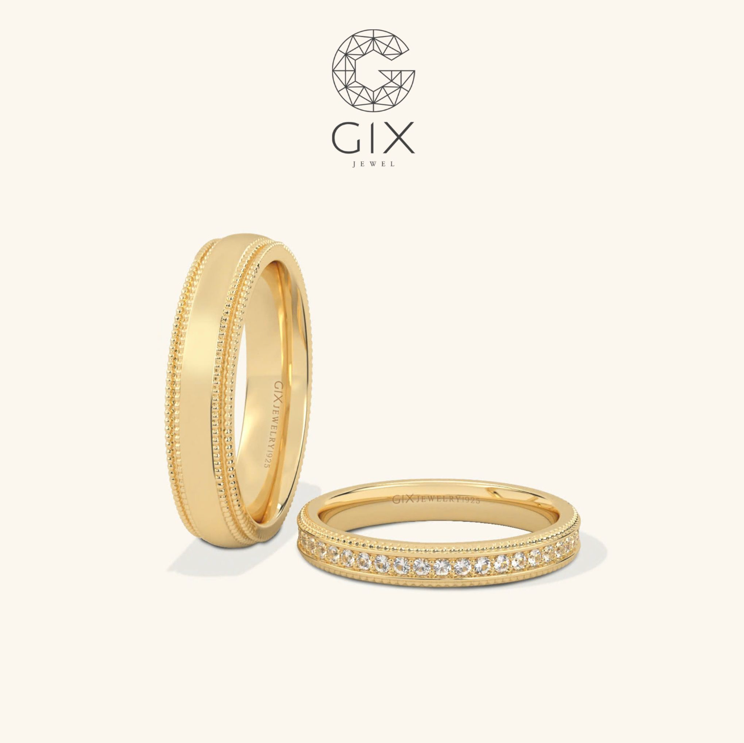 Nhẫn cưới cặp đẹp vàng tây 18k thiết kế riêng đính kim cương cao cấp Gix Jewel