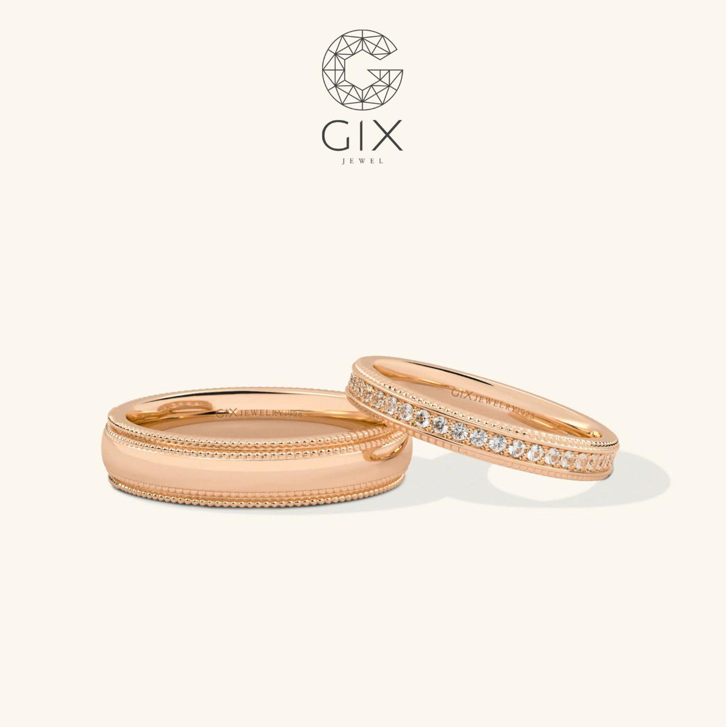 Nhẫn cưới cặp đẹp vàng tây 18k thiết kế riêng đính kim cương cao cấp Gix Jewel