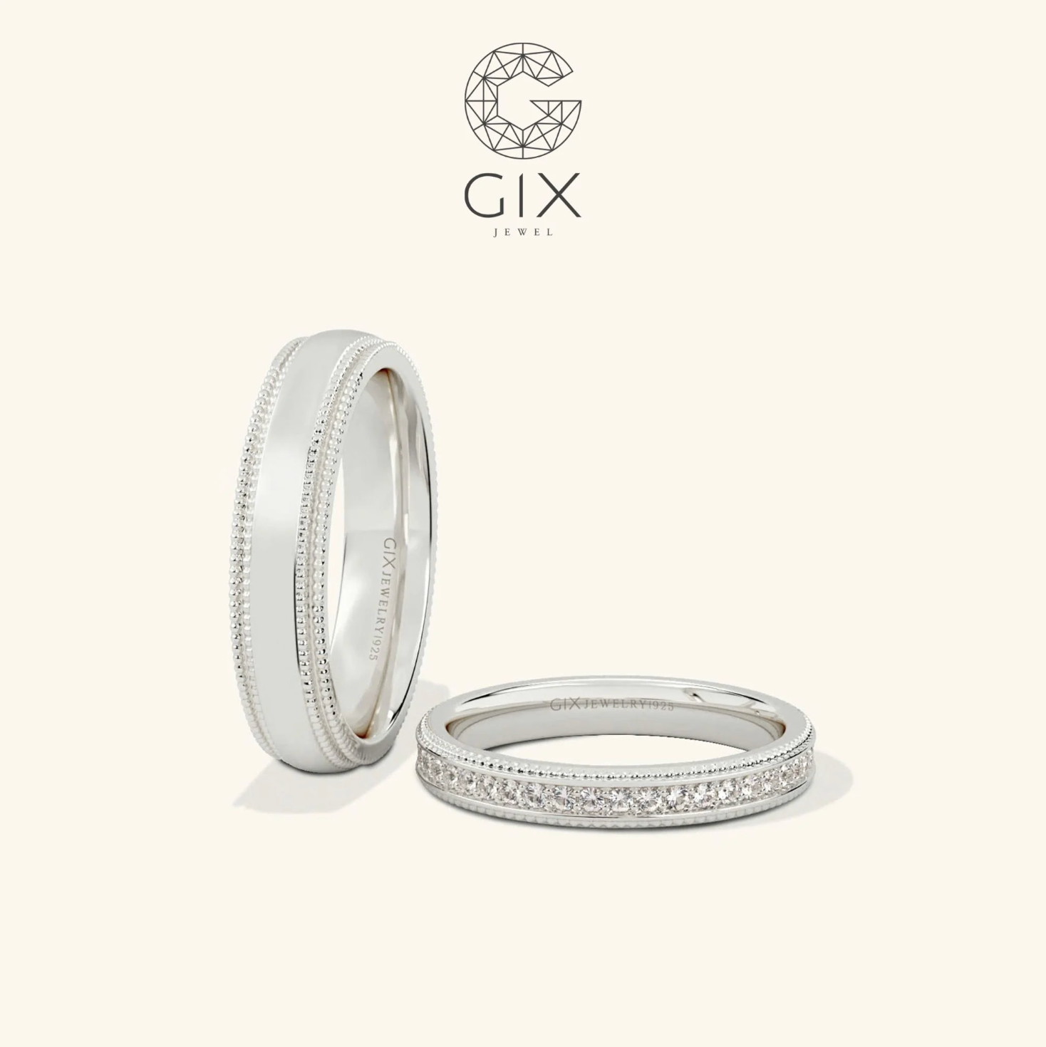 Nhẫn cưới cặp đẹp vàng tây 18k thiết kế riêng đính kim cương cao cấp Gix Jewel