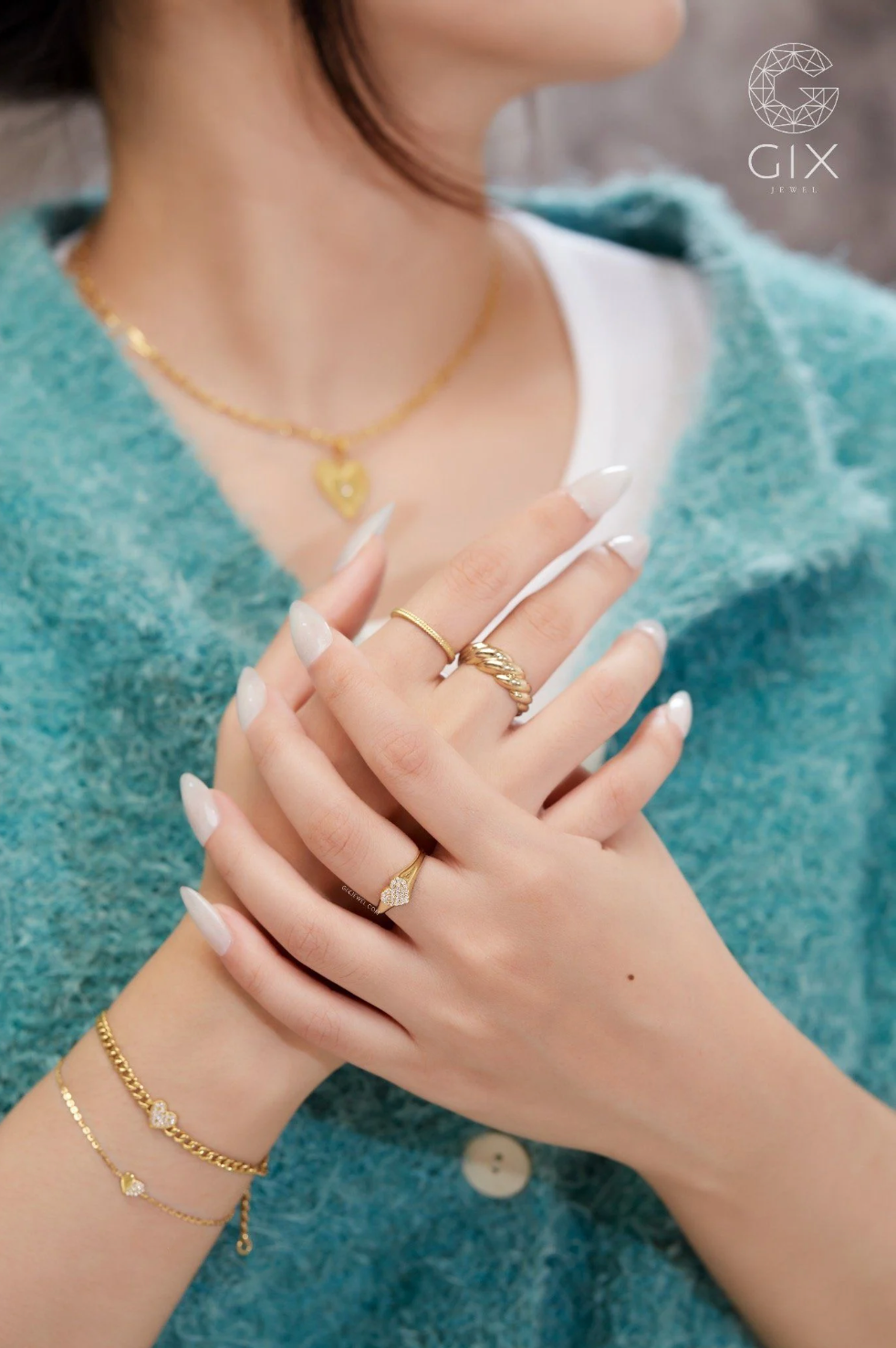 Nhẫn signet ring nữ bạc s925 đính kim cương nhân tạo hình trái tim Gix Jewel