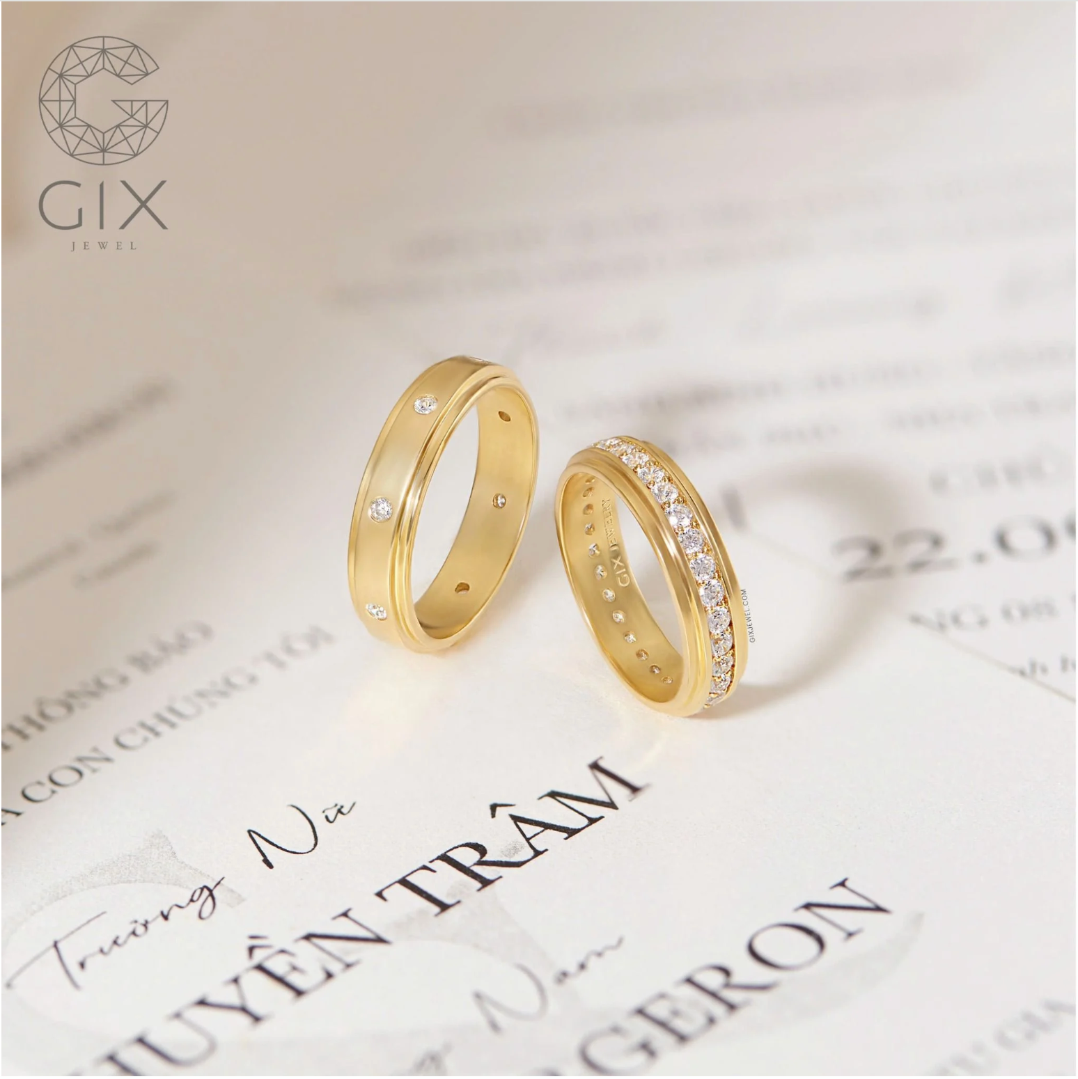 Nhẫn cưới vàng 14k đính hột xoàn khắc tên theo yêu cầu Gix Jewel - GCR25050099