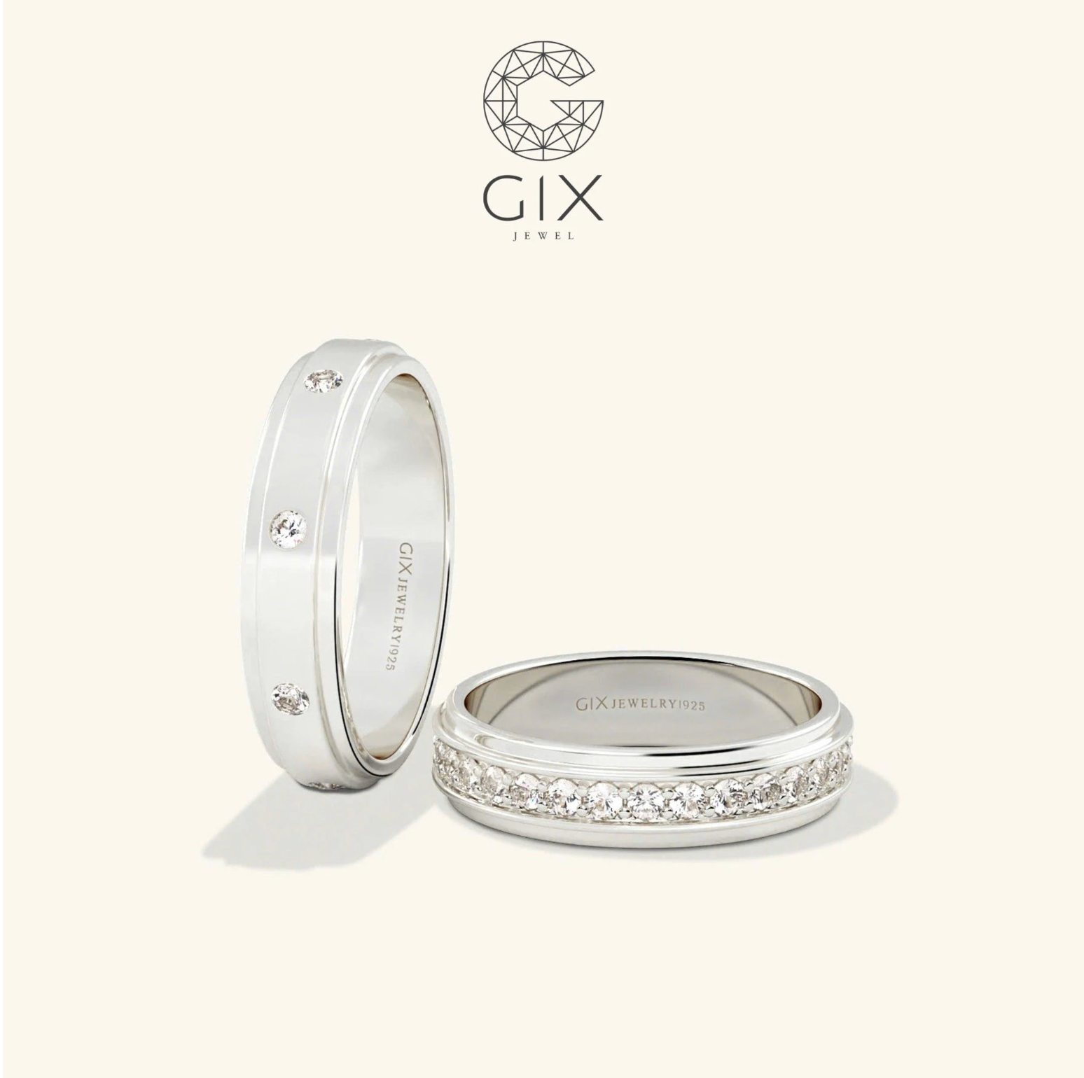 Nhẫn cưới vàng 14k đính hột xoàn khắc tên theo yêu cầu Gix Jewel - GCR25050099