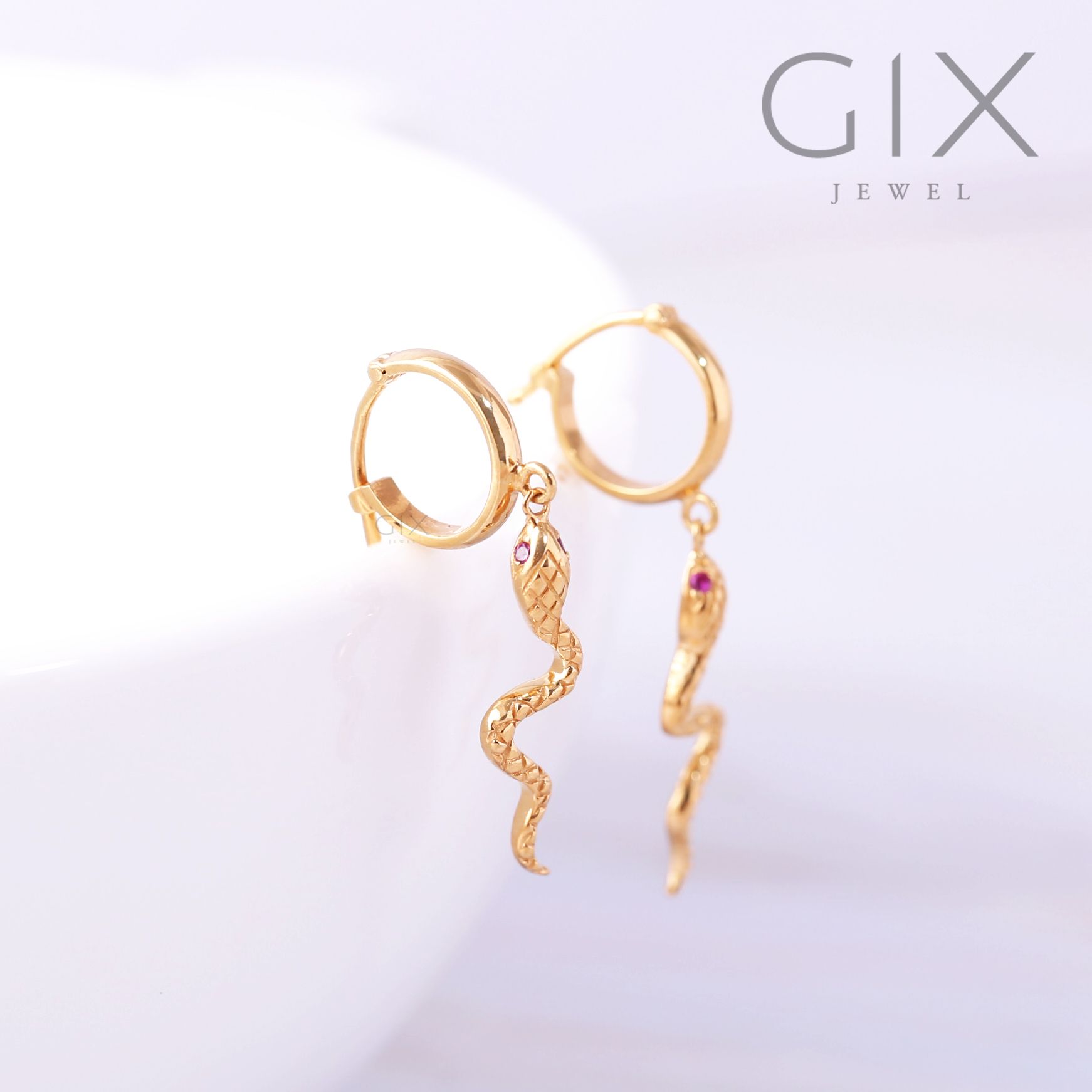 Bông tai vàng nữ 18k bạc cao cấp khoen tròn tòn ten đẹp hình con rắn Gixjewelry