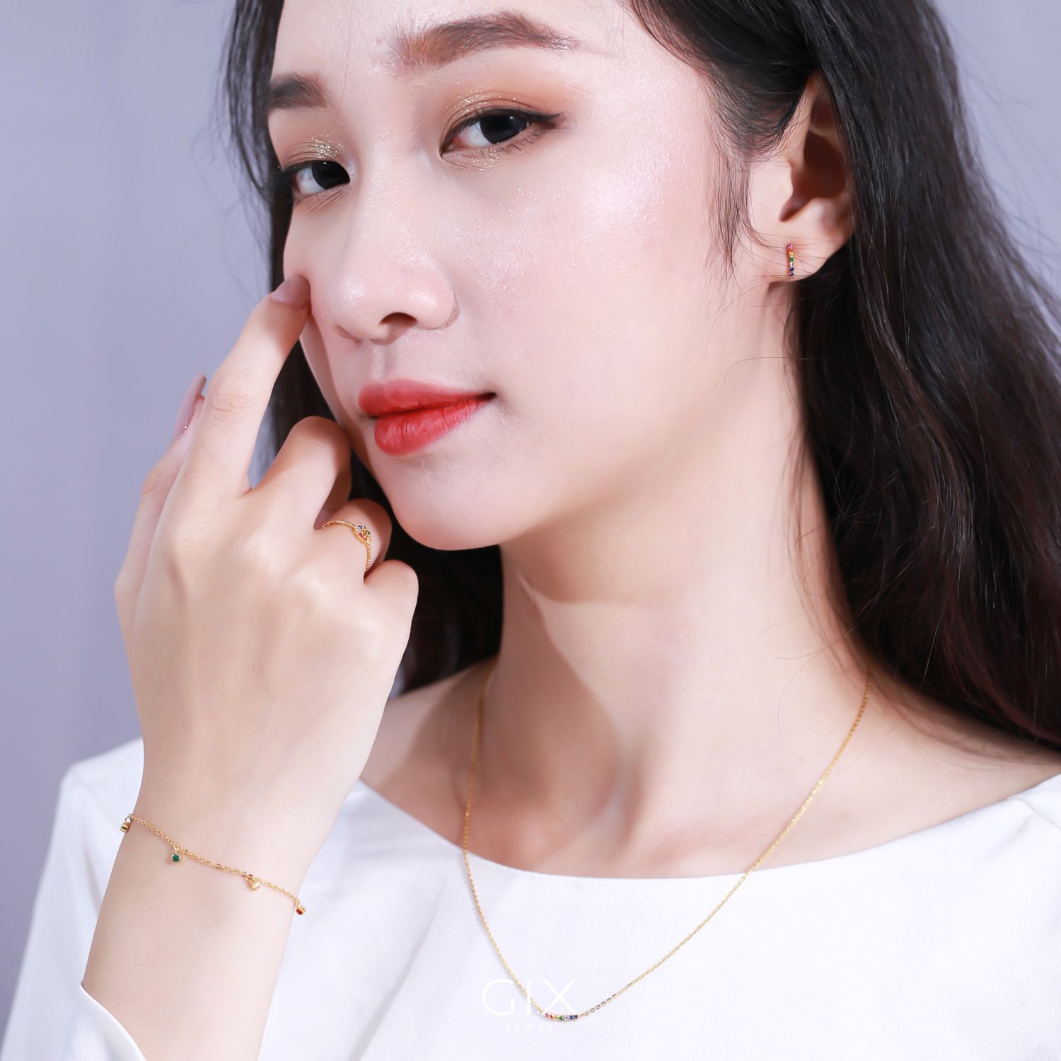 Khuyên tai hạt tròn lấp lánh vàng tây bạc ý 925 cho nữ mặt tròn đi tiệc sang trọng Gix