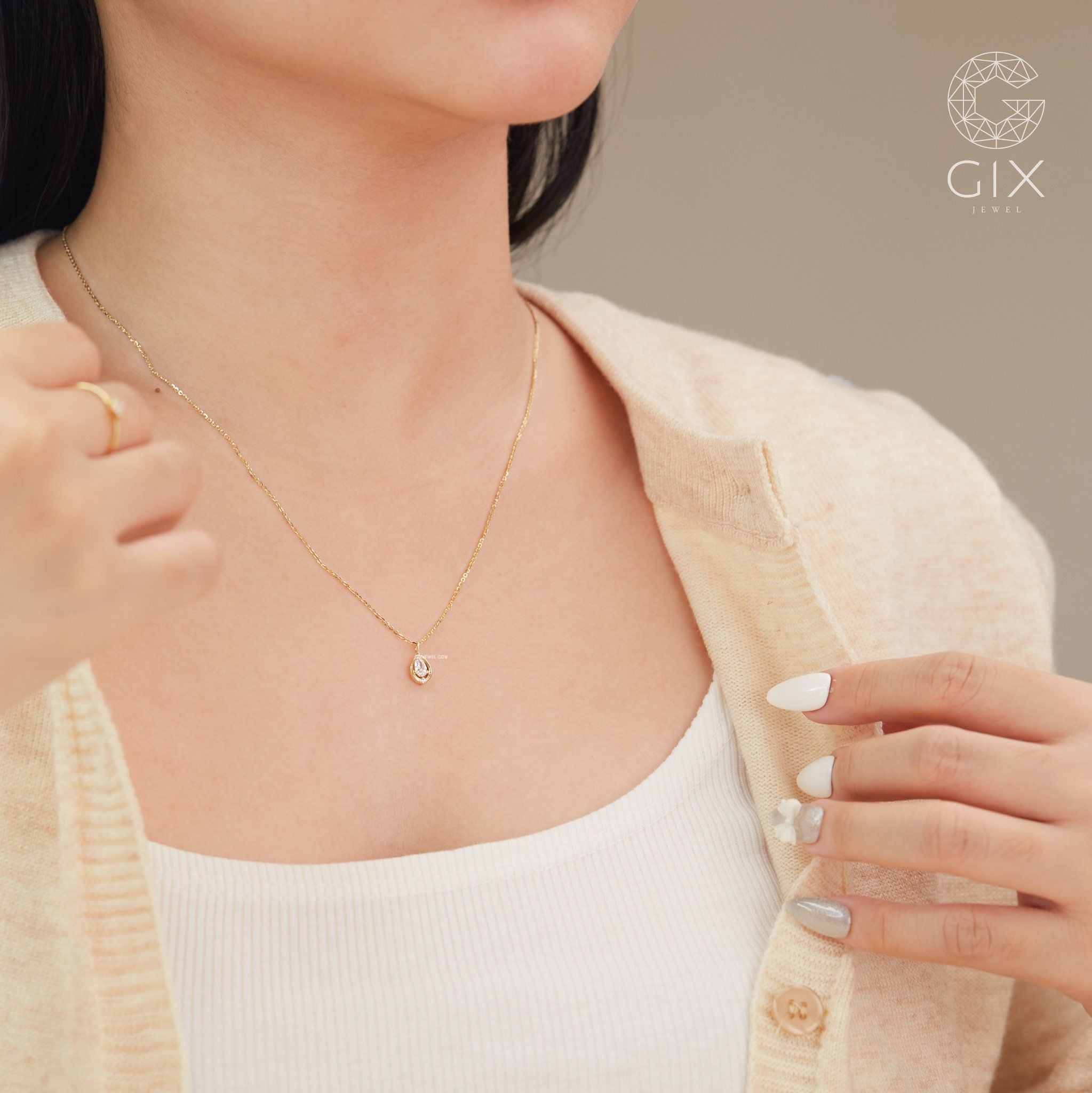 Dây chuyền vàng trắng ý nữ đẹp sợi mảnh hình giọt nước đính kim cương thật Gix Jewel