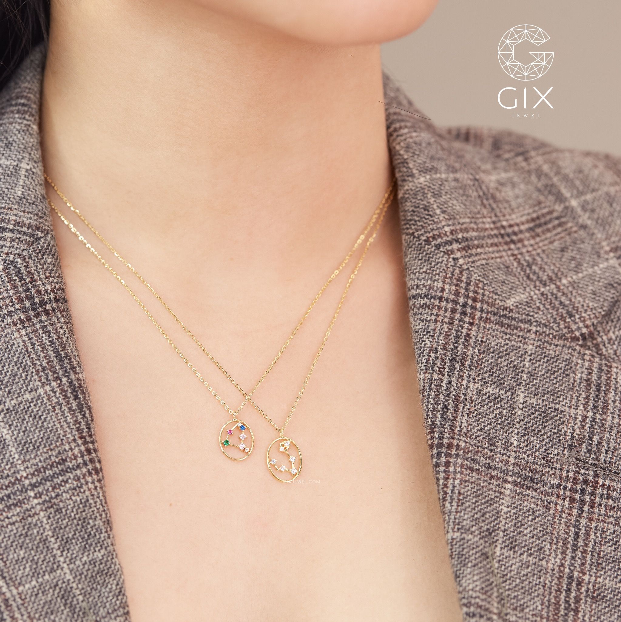 Vòng cổ bạc nữ mạ vàng 18k sợi nhuyễn hình cung hoàng đạo đính kim cương nhân tạo Gix