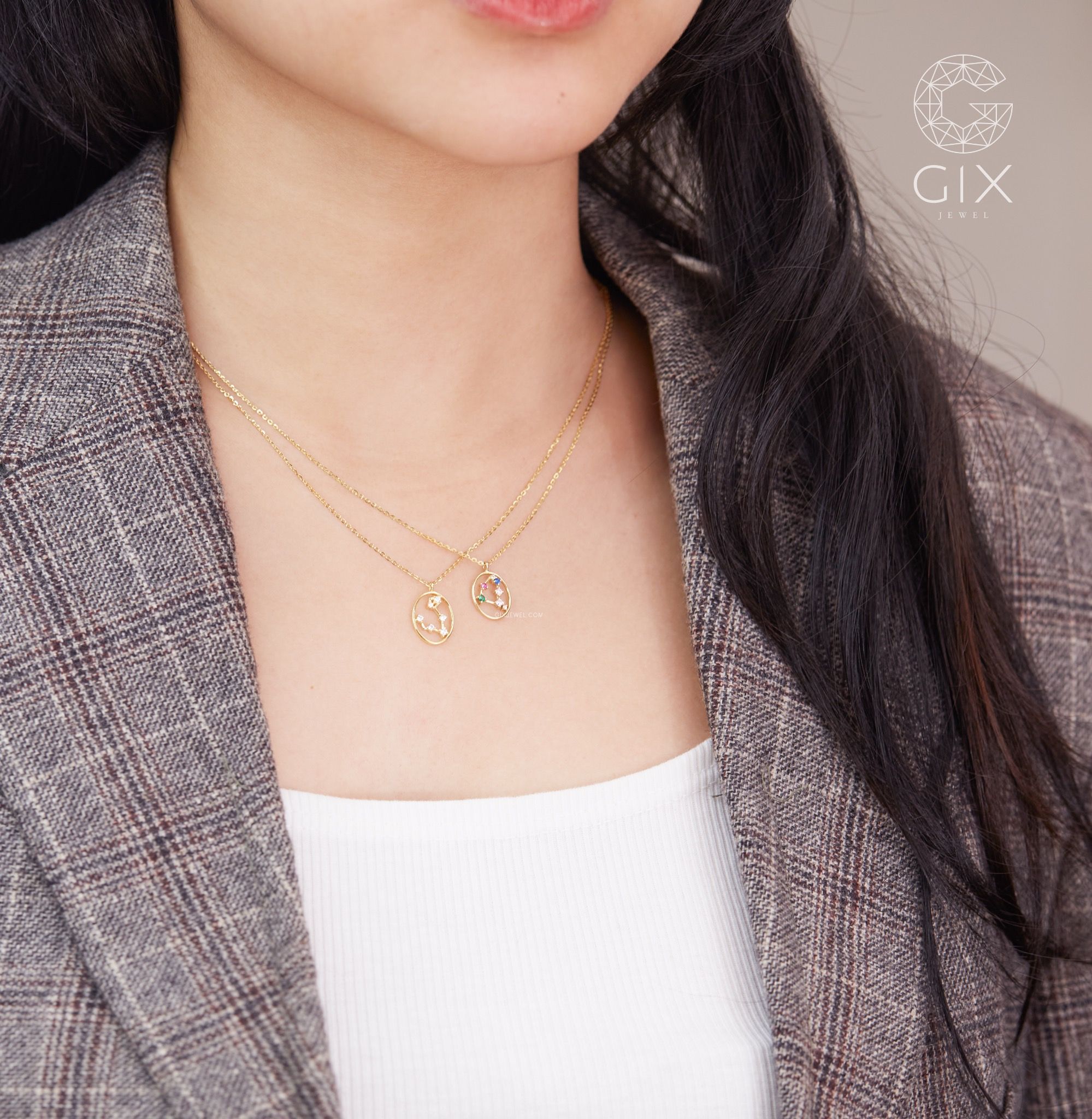 Vòng cổ bạc nữ mạ vàng 18k sợi nhuyễn hình cung hoàng đạo đính kim cương nhân tạo Gix