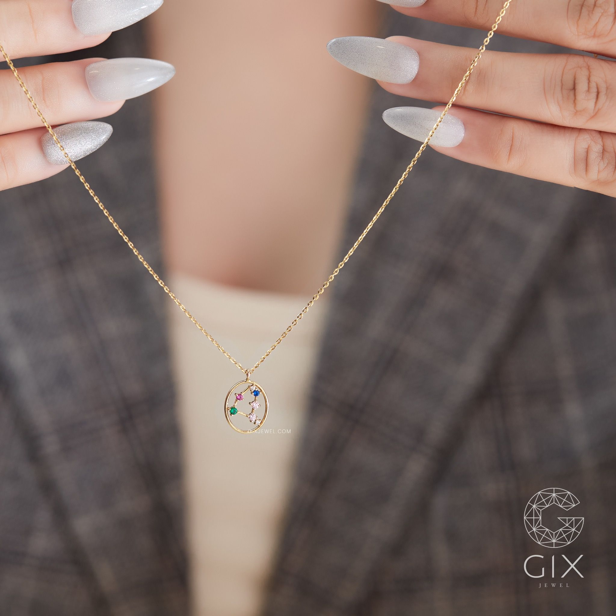 Vòng cổ bạc nữ mạ vàng 18k sợi nhuyễn hình cung hoàng đạo đính kim cương nhân tạo Gix