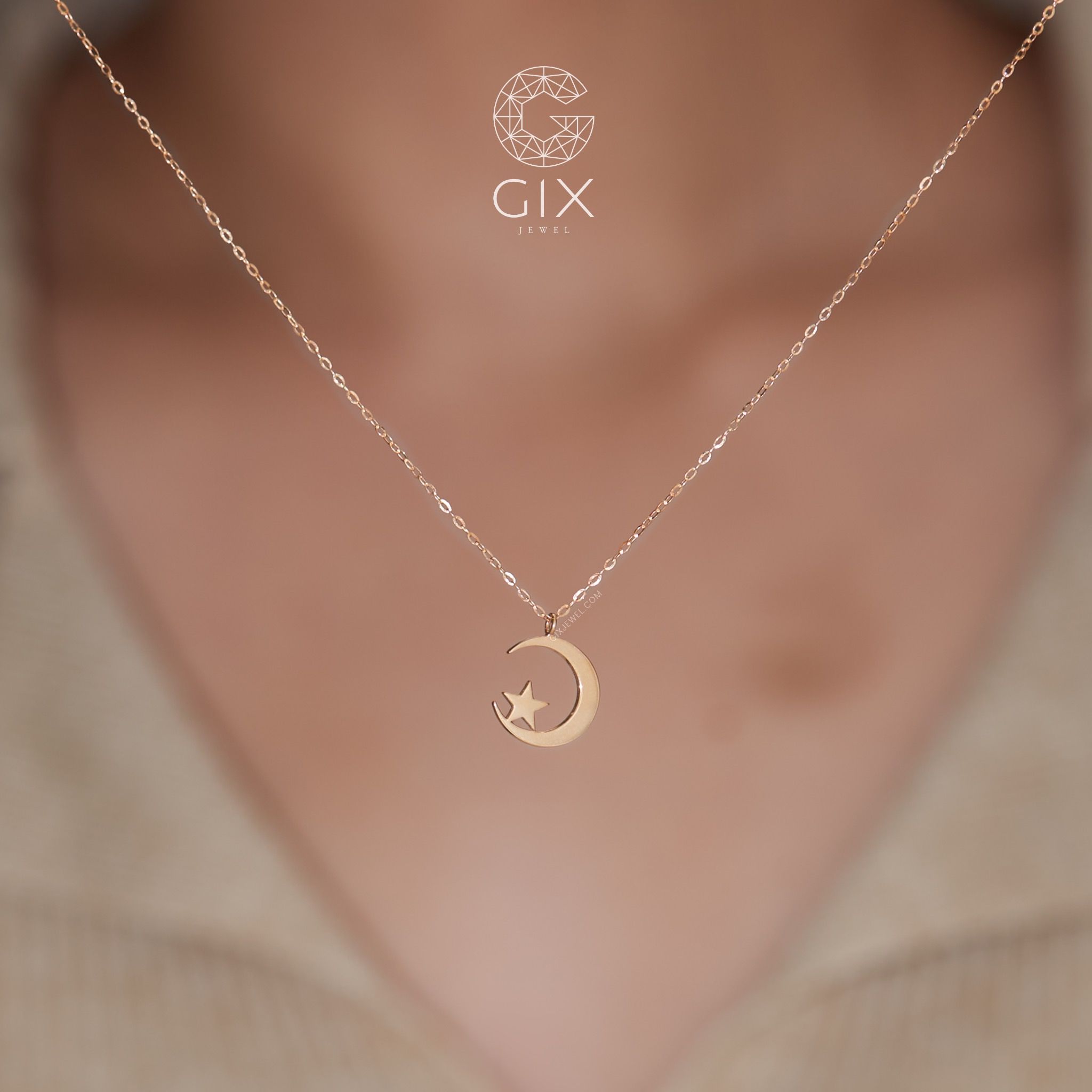 Dây chuyền vàng hồng 18k nữ sợi nhuyễn hình mặt trăng đính kim cương hợp đi tiệc Gix Jewel