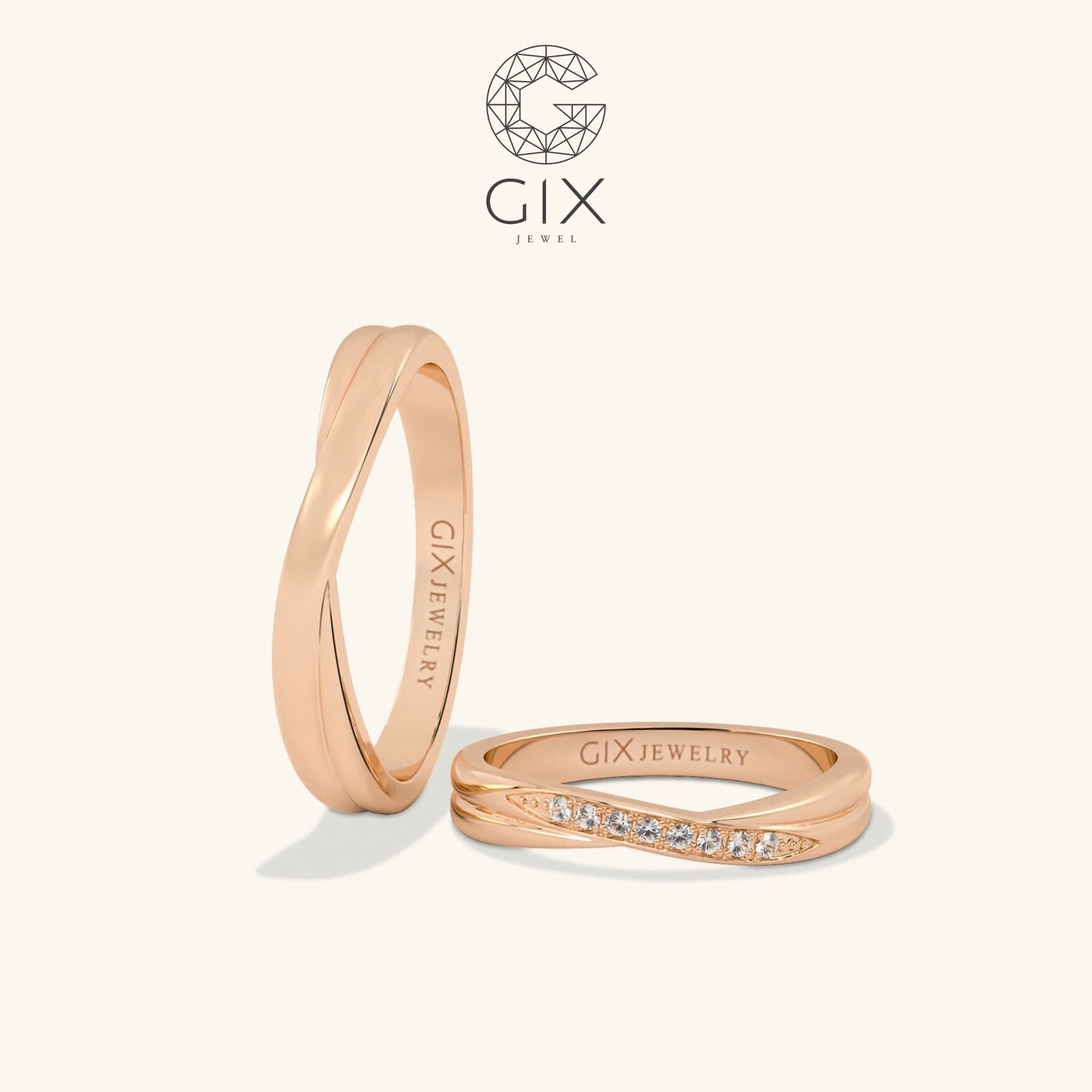 Nhẫn cưới đôi vàng tây hoa văn vô cực đẹp sang trọng kim cương nhân tạo Gix Jewel