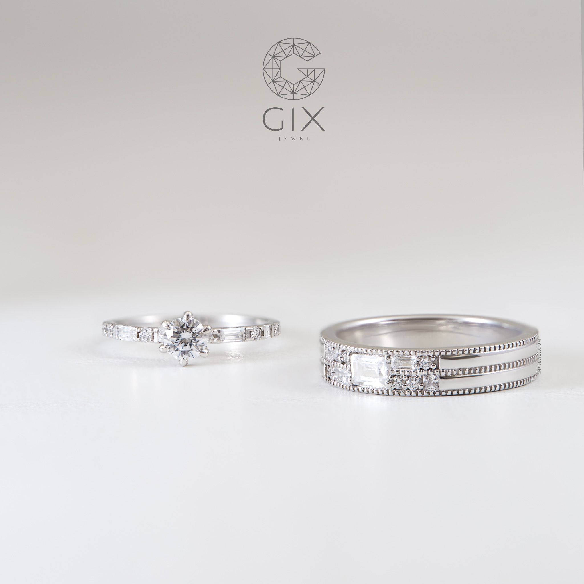 Nhẫn cưới vàng trắng kim cương cao cấp kiểu mới Gix Jewel