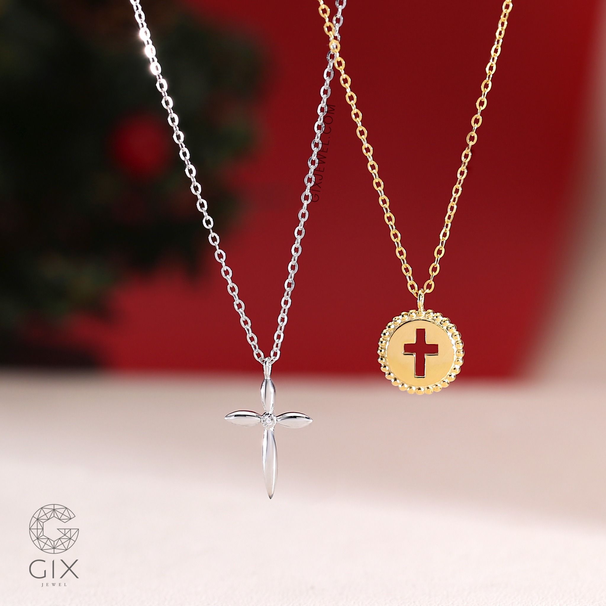 Dây chuyền chữ thập vàng trắng nam nữ sợi mảnh đính kim cương nhân tạo Gixjewel