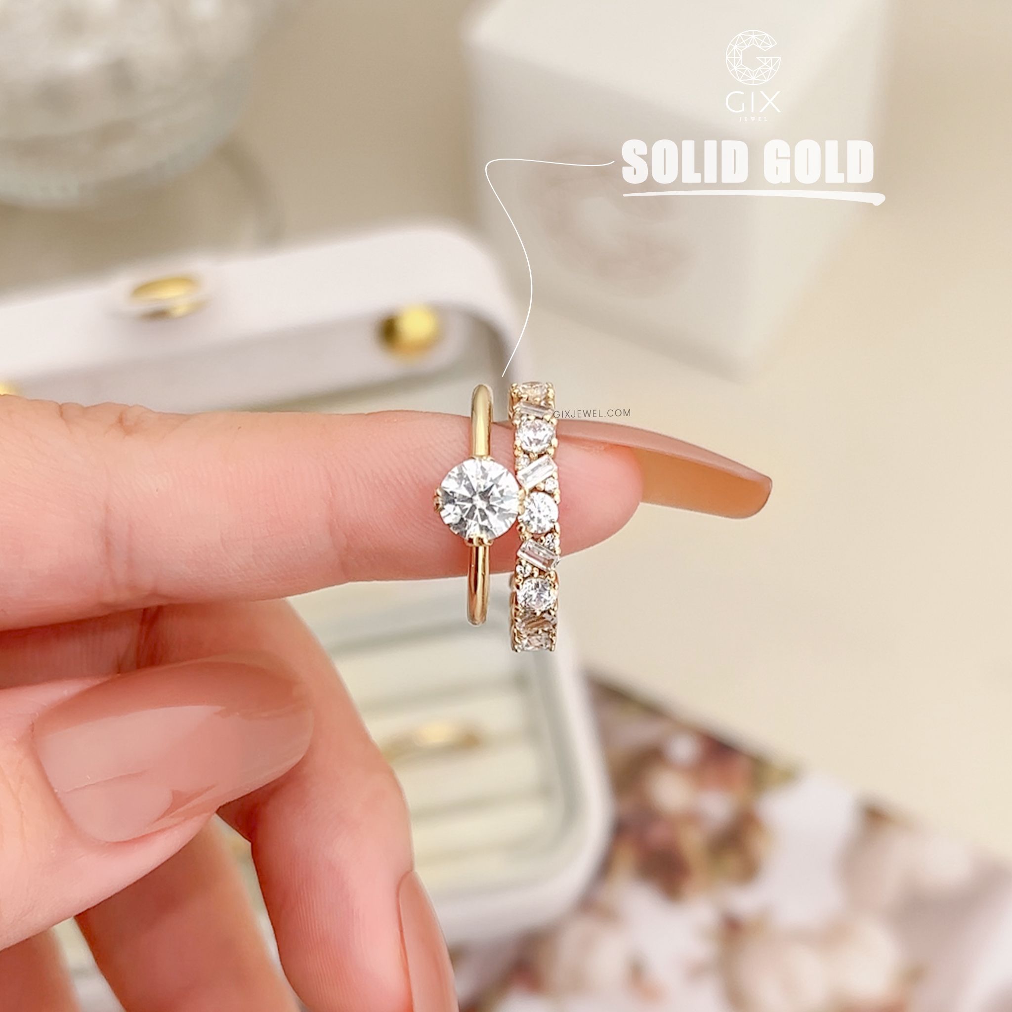 Nhẫn đính hôn kim cương vàng 18k nữ đẹp đơn giản đá Moissanite Gix Jewel