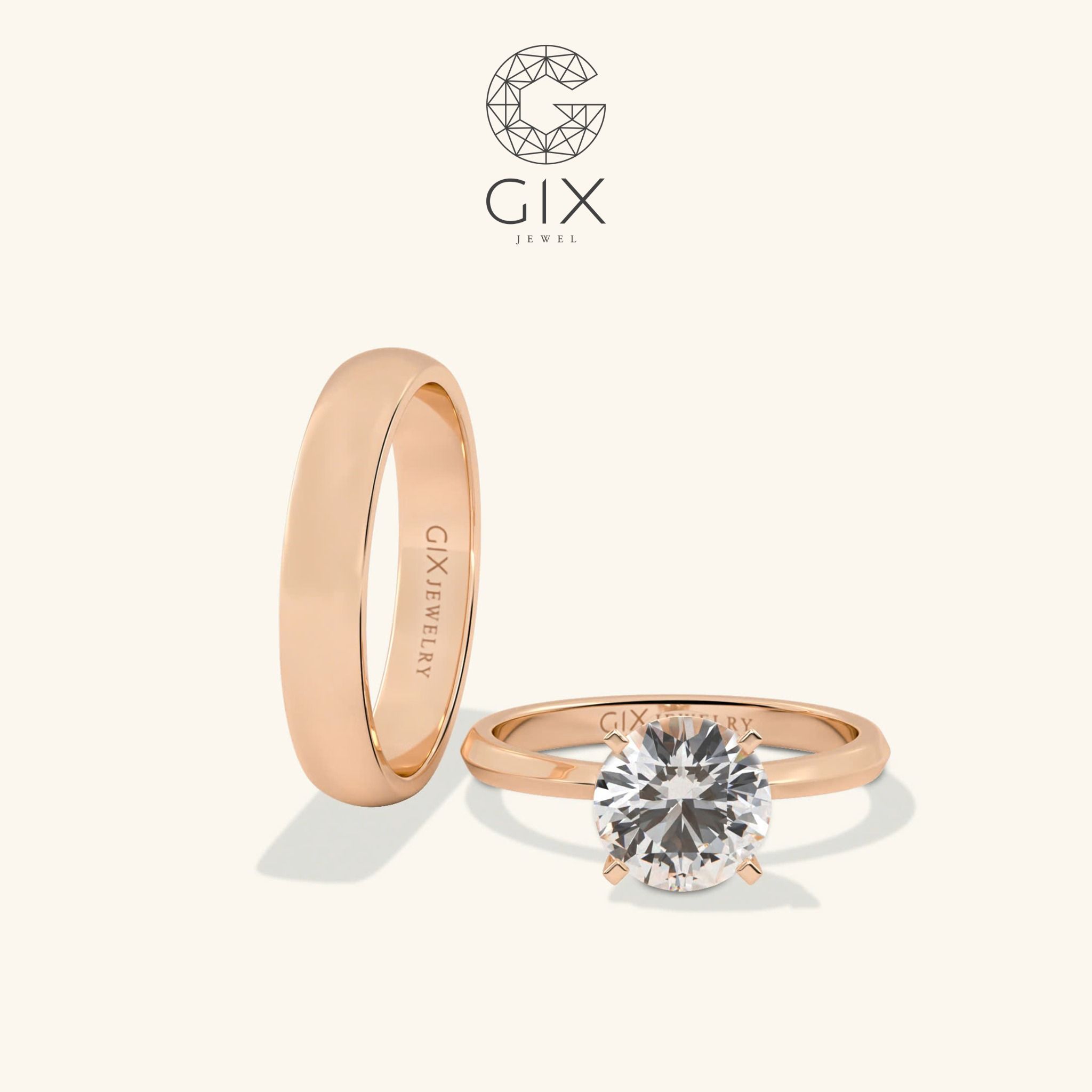 Nhẫn cưới hiện đại vàng tây bản to rẻ đẹp đính kim cương thật Gix Jewel