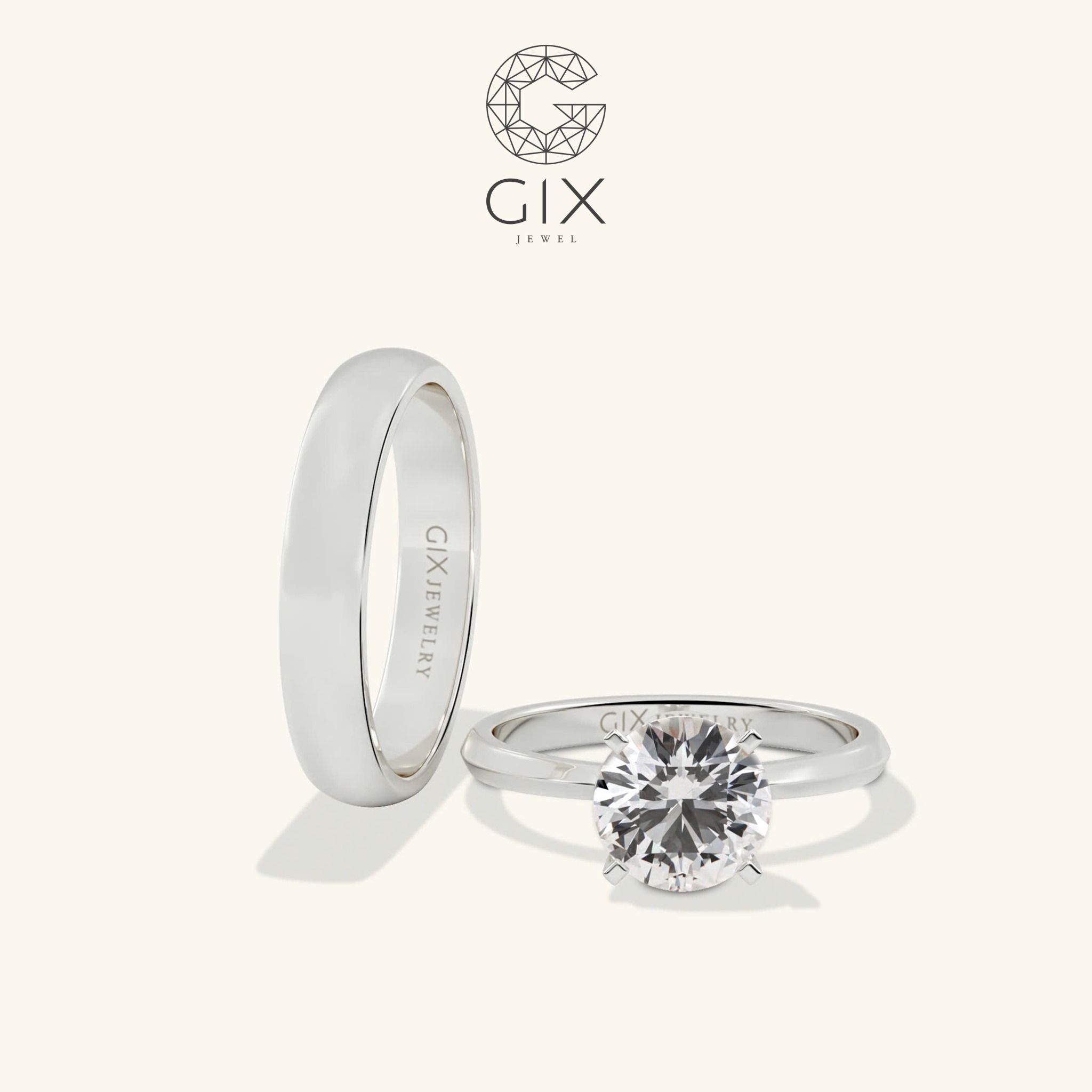 Nhẫn cưới hiện đại vàng tây bản to rẻ đẹp đính kim cương thật Gix Jewel