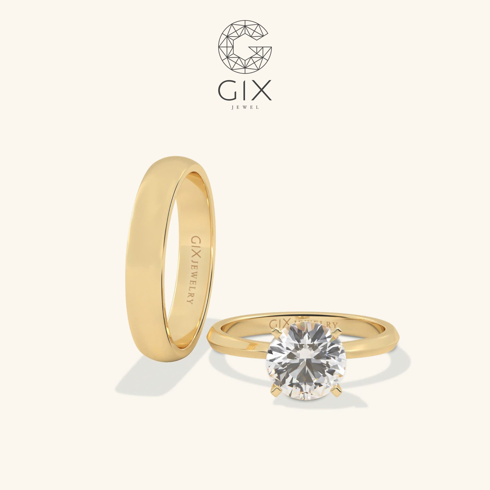 Nhẫn cưới hiện đại vàng tây bản to rẻ đẹp đính kim cương thật Gix Jewel