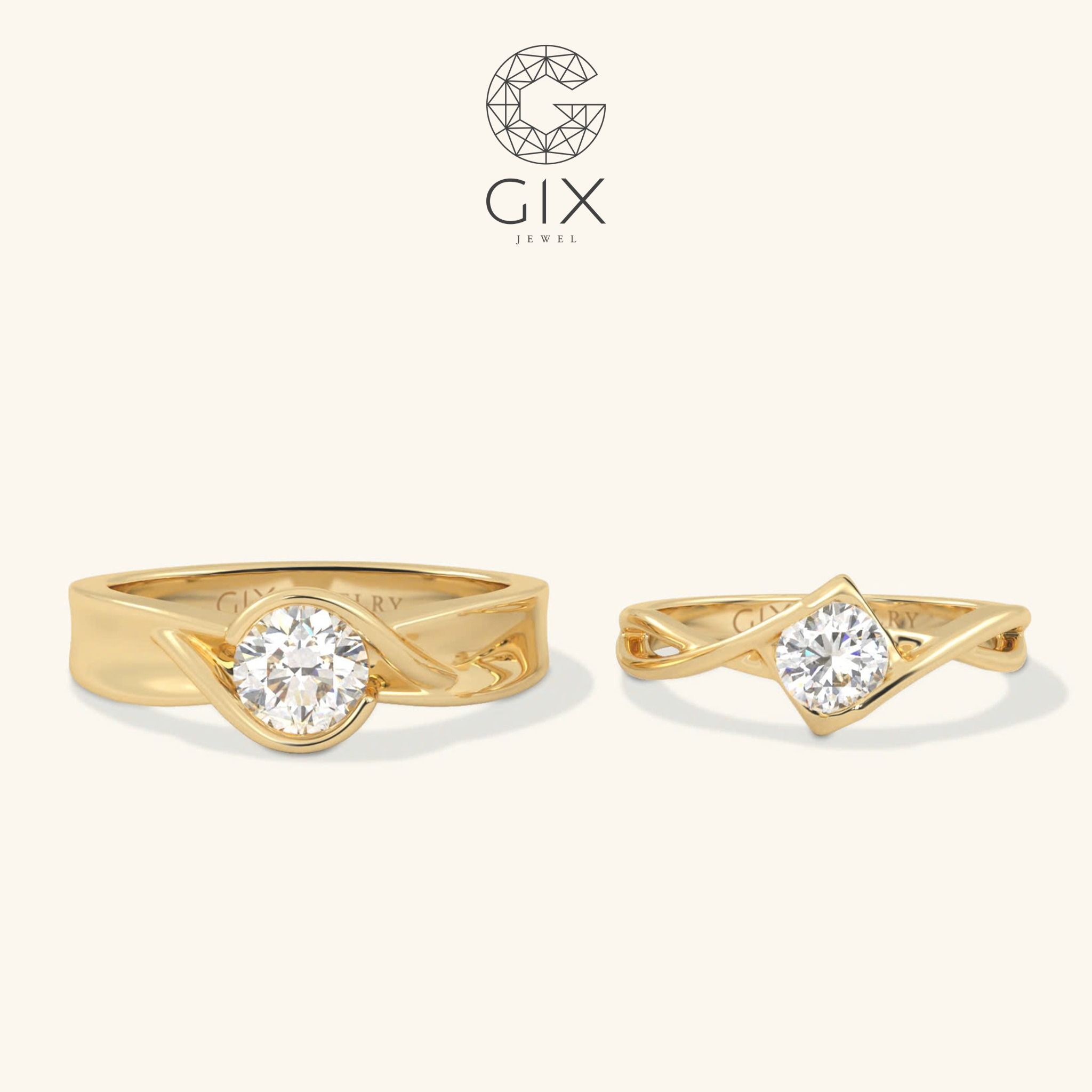 Nhẫn cưới đôi vàng trắng bạch kim đẹp lạ khắc tên đính kim cương thiên nhiên cao cấp Gix