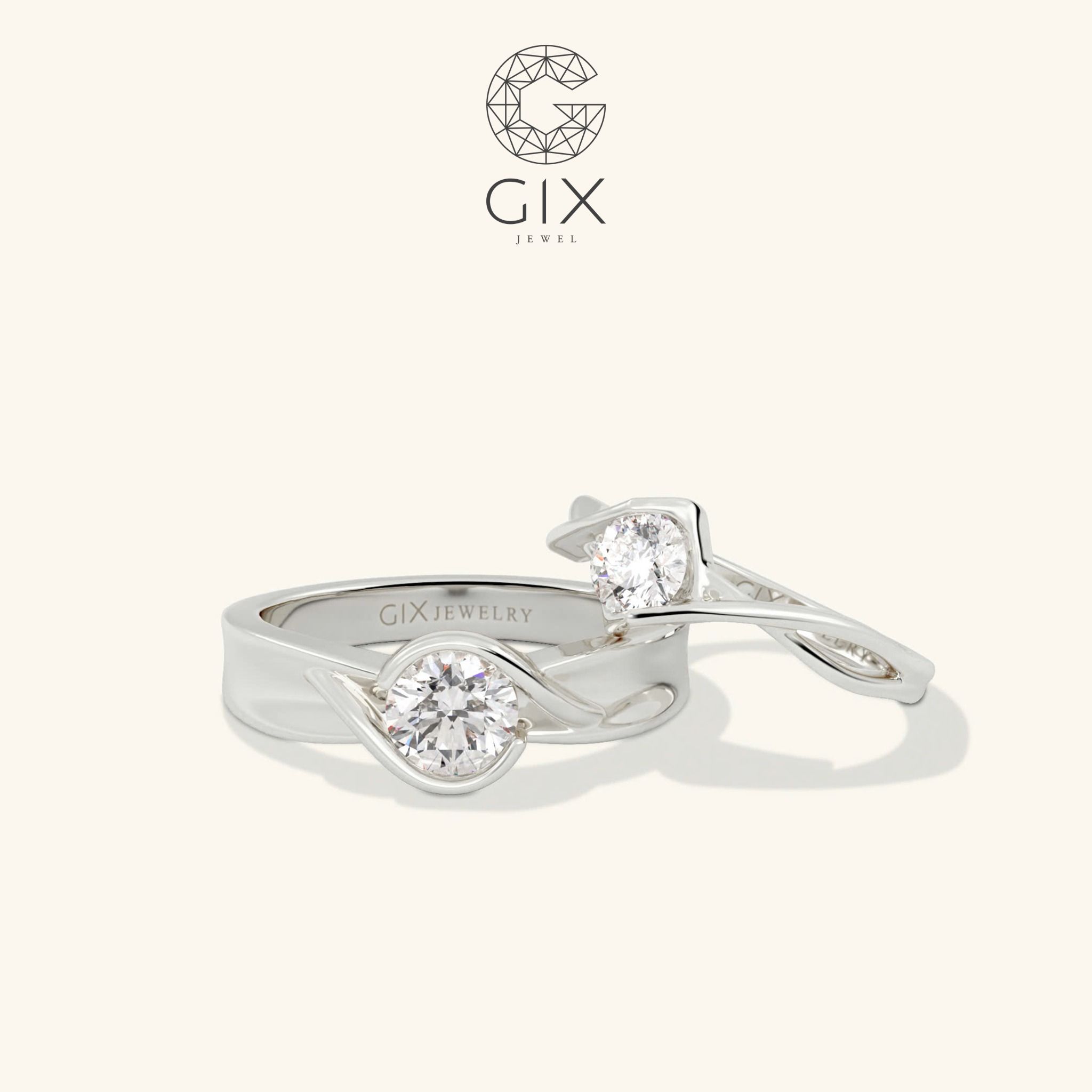 Nhẫn cưới đôi vàng trắng bạch kim đẹp lạ khắc tên đính kim cương thiên nhiên cao cấp Gix