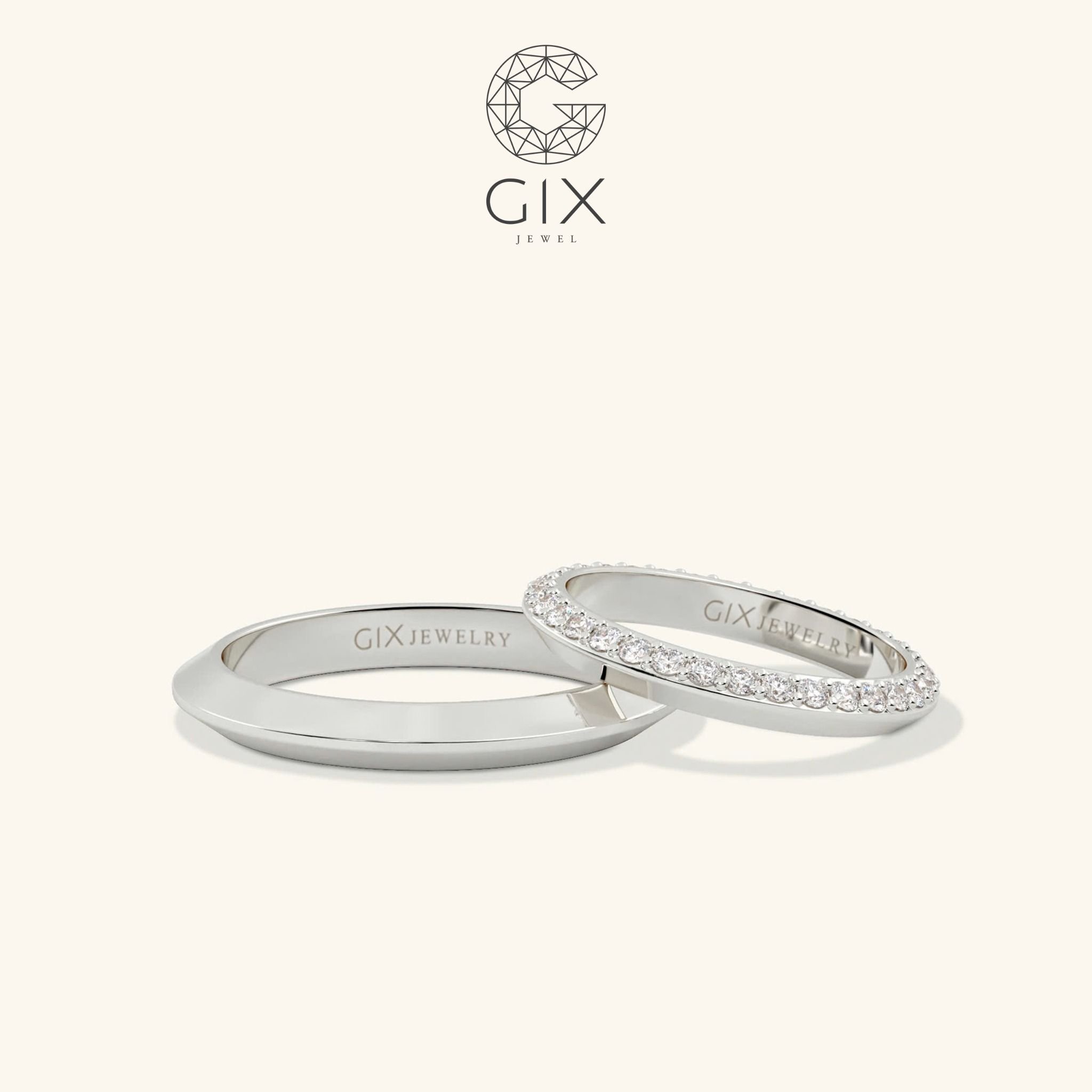 Nhẫn cưới kim cương Protect me đơn giản vàng trắng sang trọng đính full hạt khắc Gix Jewel