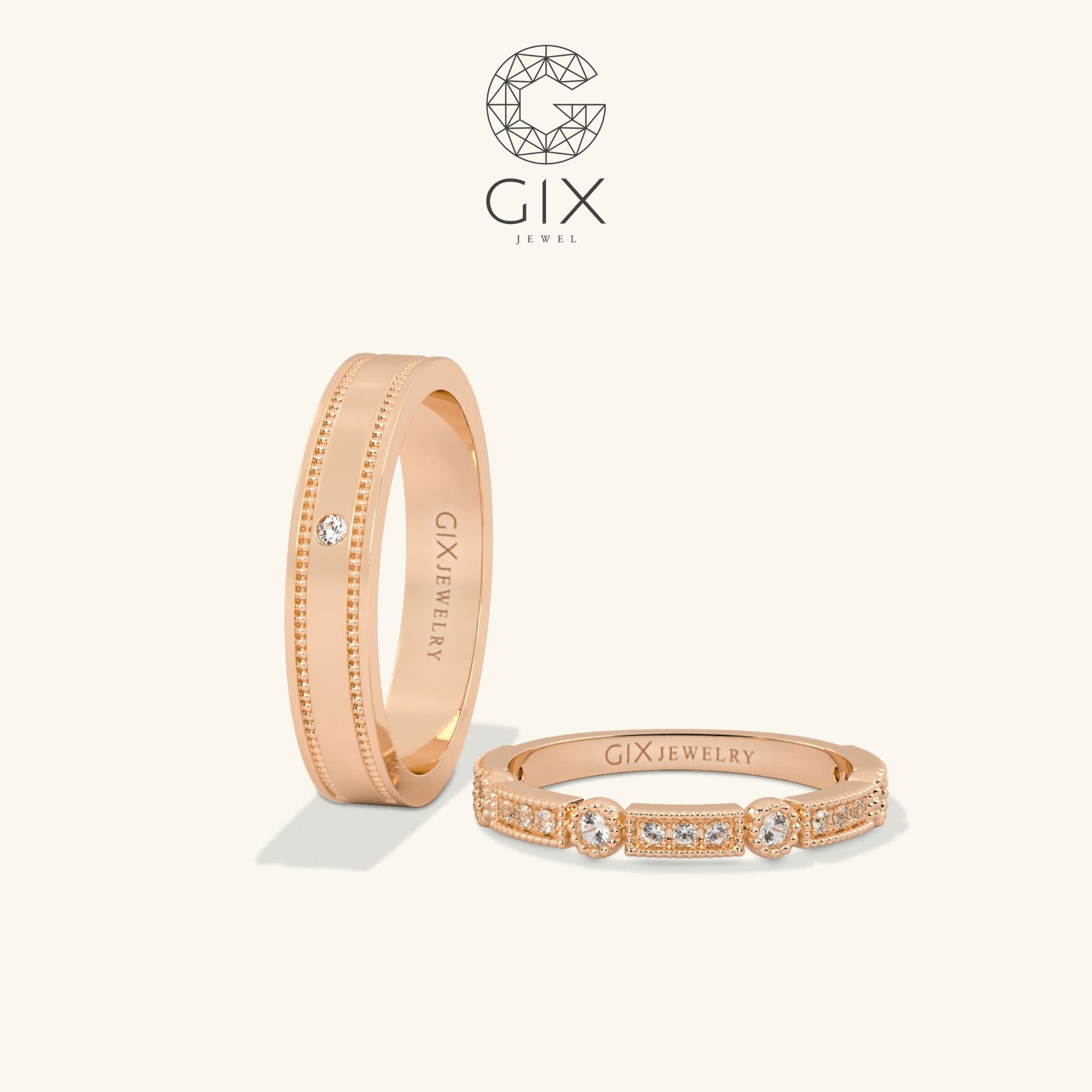 Nhẫn cưới cặp Eternity vàng trắng 18k kim cương rẻ đẹp Gix Jewel