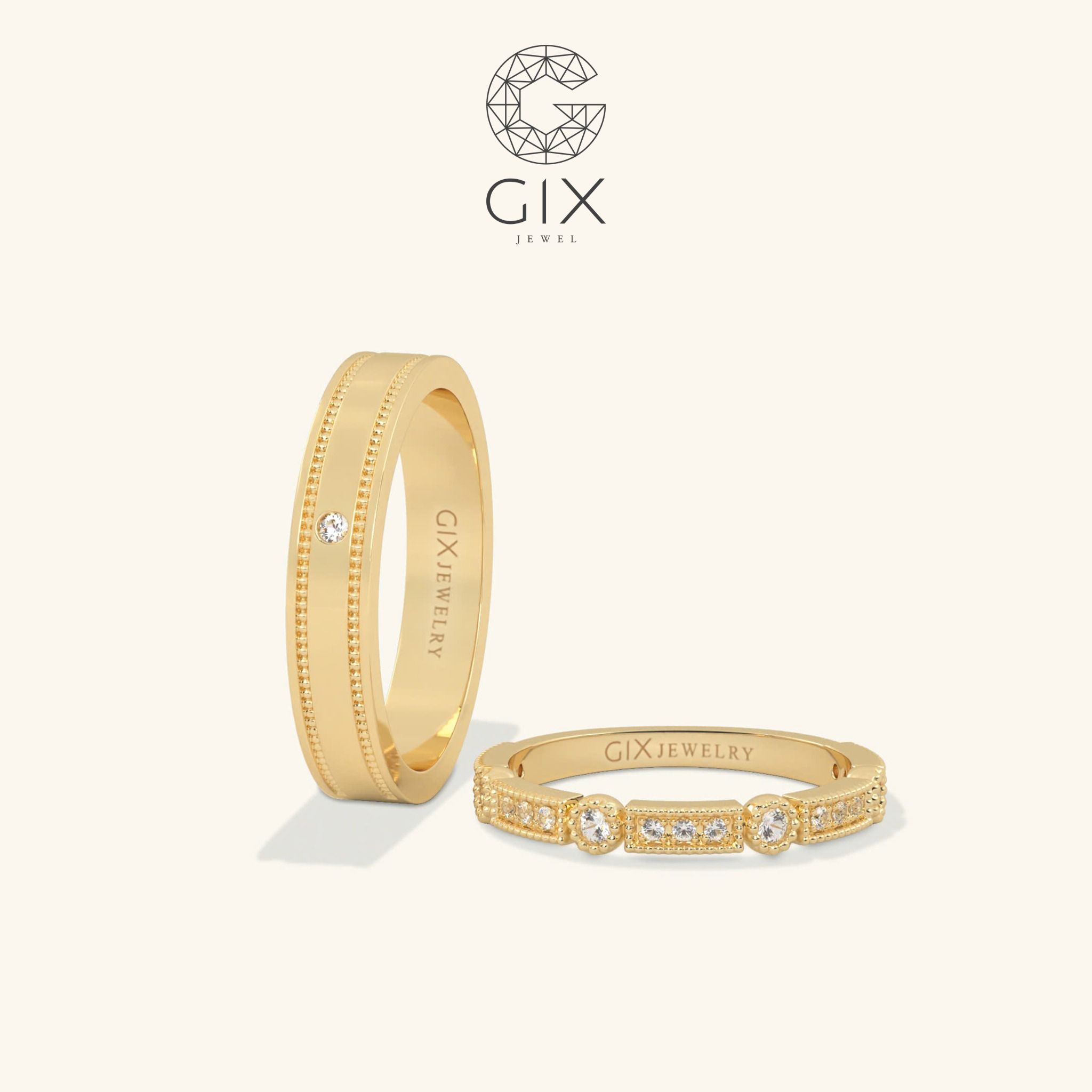 Nhẫn cưới cặp Eternity vàng trắng 18k kim cương rẻ đẹp Gix Jewel