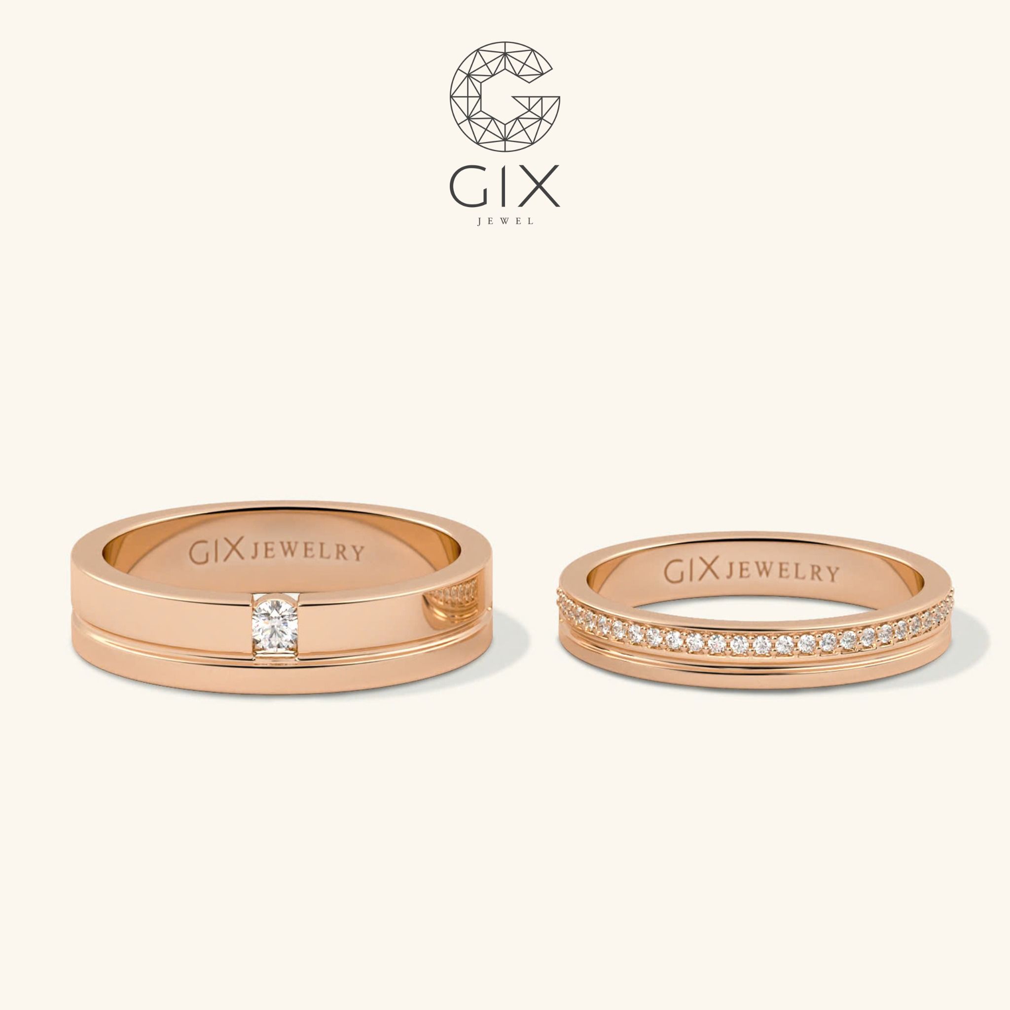Nhẫn cưới kim cương cao cấp vàng 18k đẹp nhất bản to sang trọng khắc chữ Gix Jewel