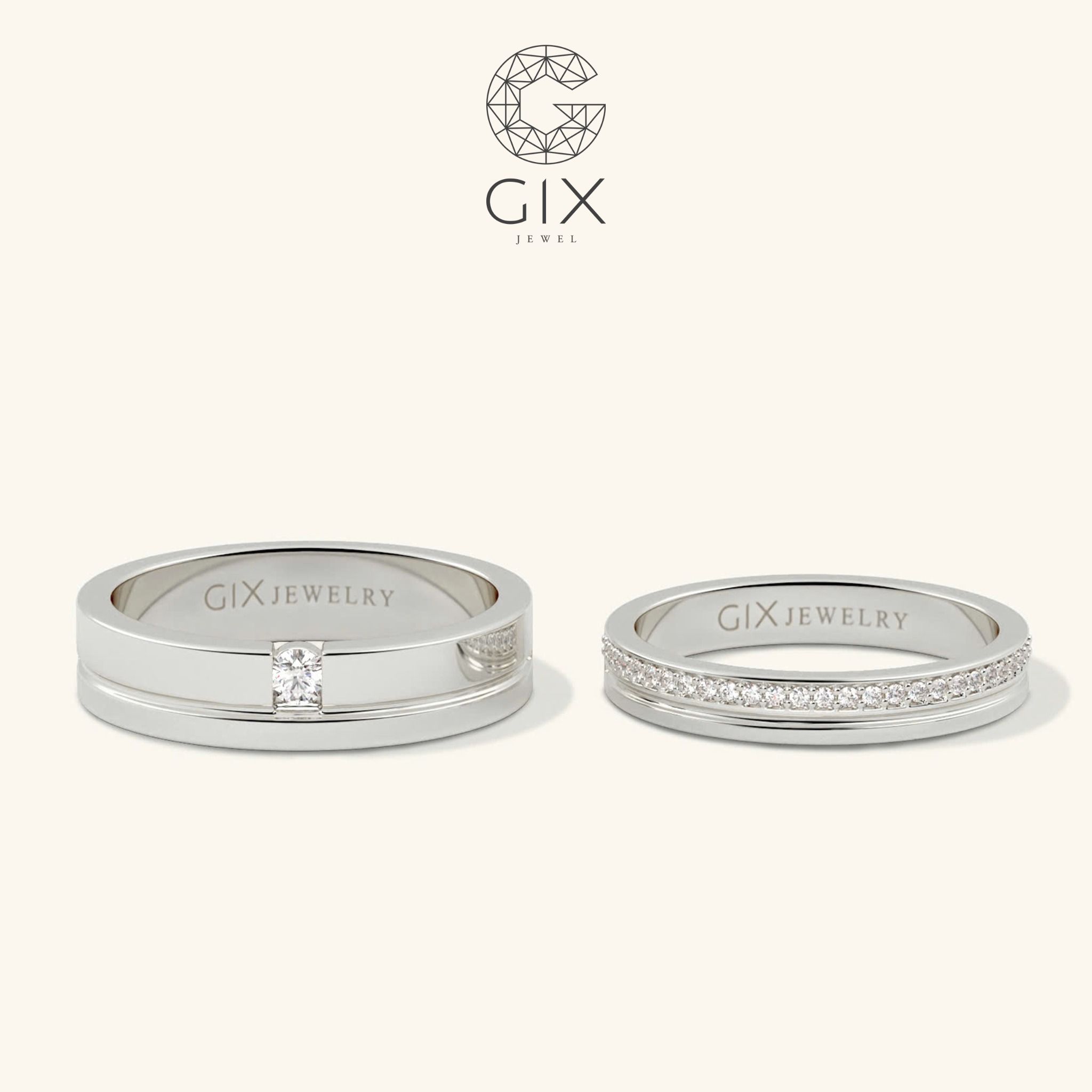 Nhẫn cưới kim cương cao cấp vàng 18k đẹp nhất bản to sang trọng khắc chữ Gix Jewel