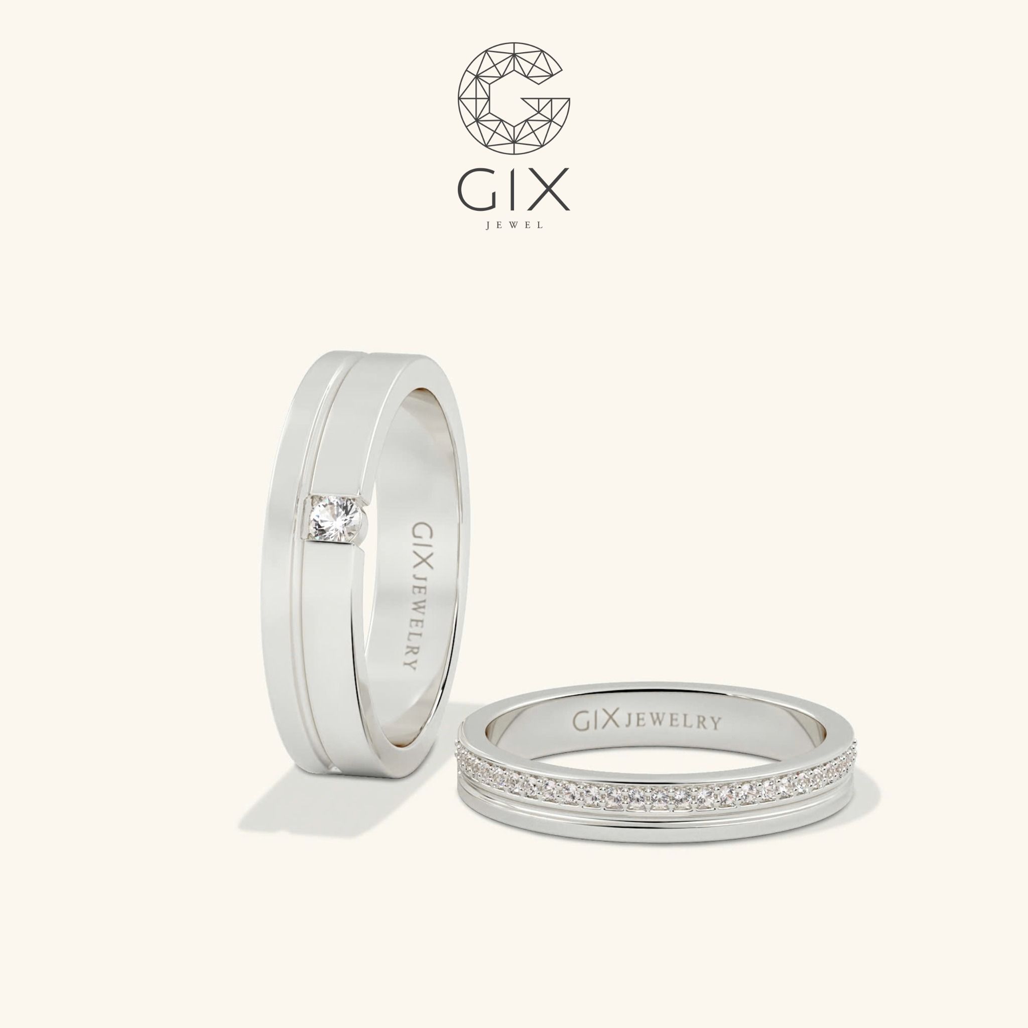 Nhẫn cưới kim cương cao cấp vàng 18k đẹp nhất bản to sang trọng khắc chữ Gix Jewel