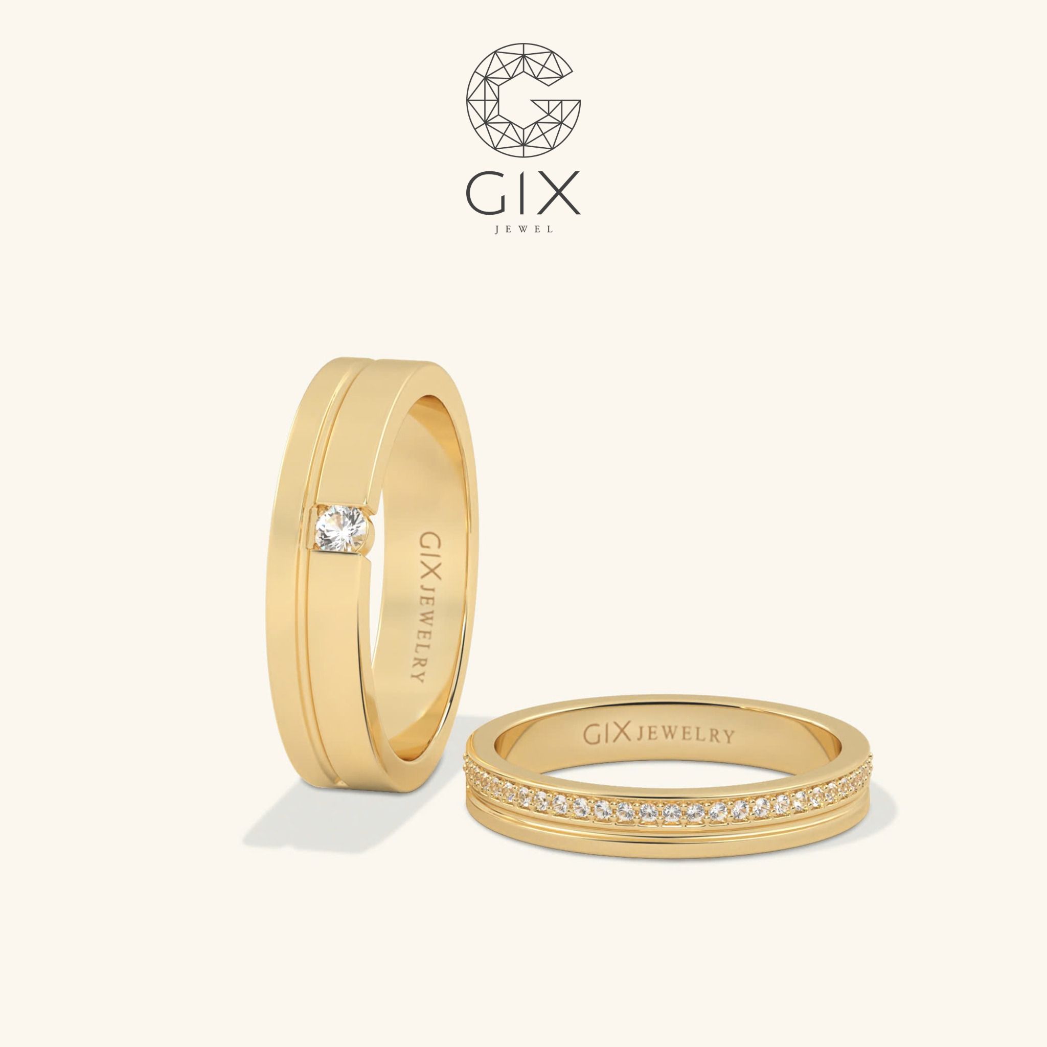 Nhẫn cưới kim cương cao cấp vàng 18k đẹp nhất bản to sang trọng khắc chữ Gix Jewel