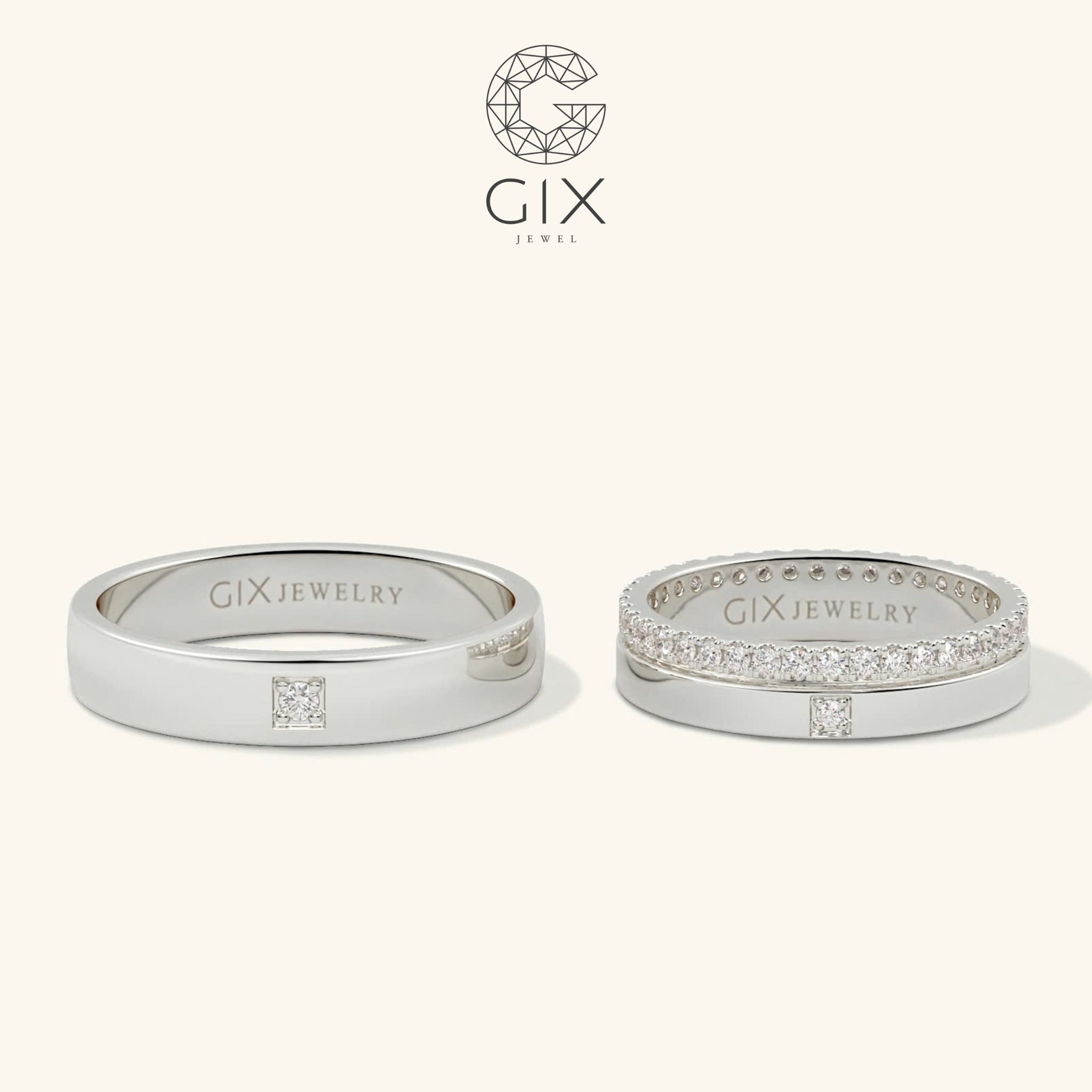 Cặp nhẫn cưới đẹp vàng 18k đơn giản ghép đôi đính kim cương thiên nhiên Gix Jewel