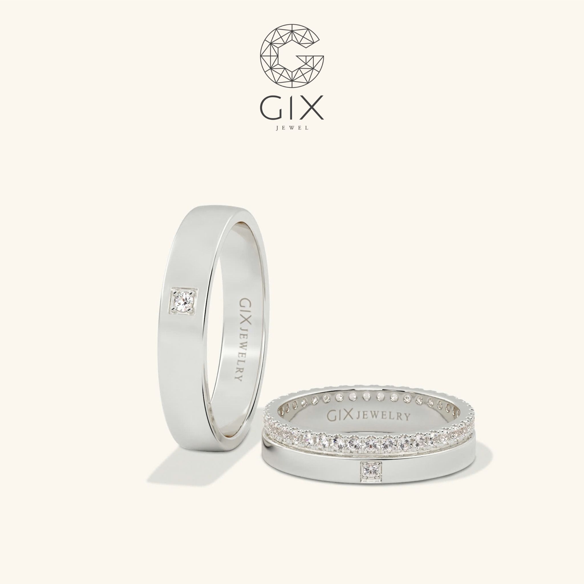 Cặp nhẫn cưới đẹp vàng 18k đơn giản ghép đôi đính kim cương thiên nhiên Gix Jewel