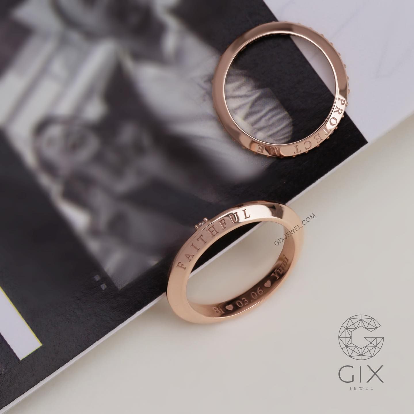Nhẫn cưới kim cương Protect me đơn giản vàng trắng sang trọng đính full hạt khắc Gix Jewel