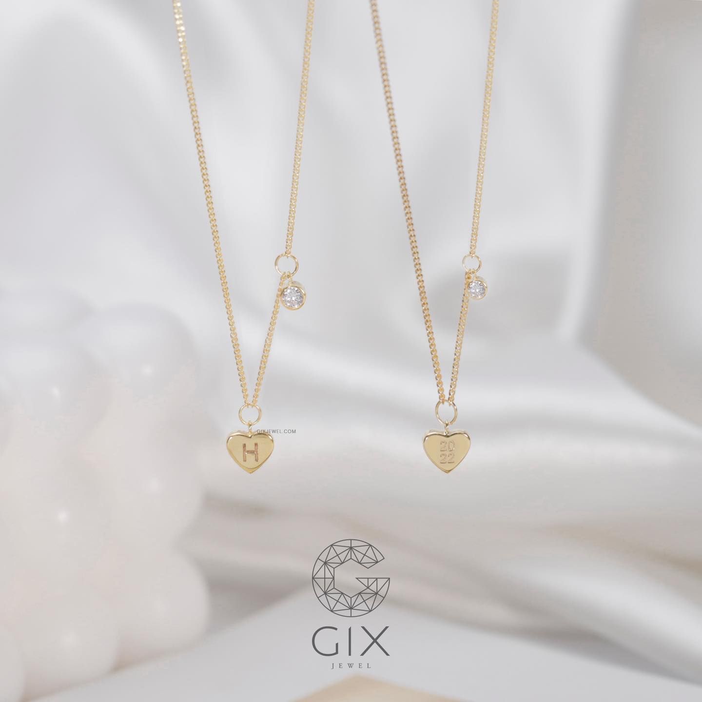 Dây chuyền khắc tên khoen lật vàng 18k mặt trái tim đính đá cao cấp Gix Jewelry