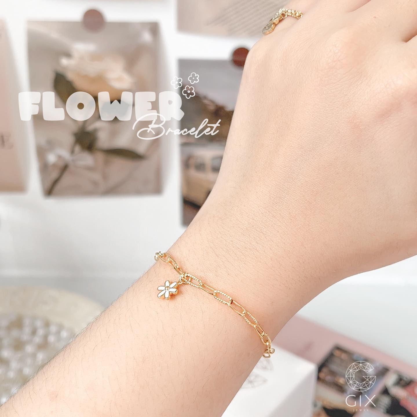 Lắc tay vàng nữ 18k bạc cao cấp mắc xích trơn gắn charm hình hoa xinh Gixjewelry