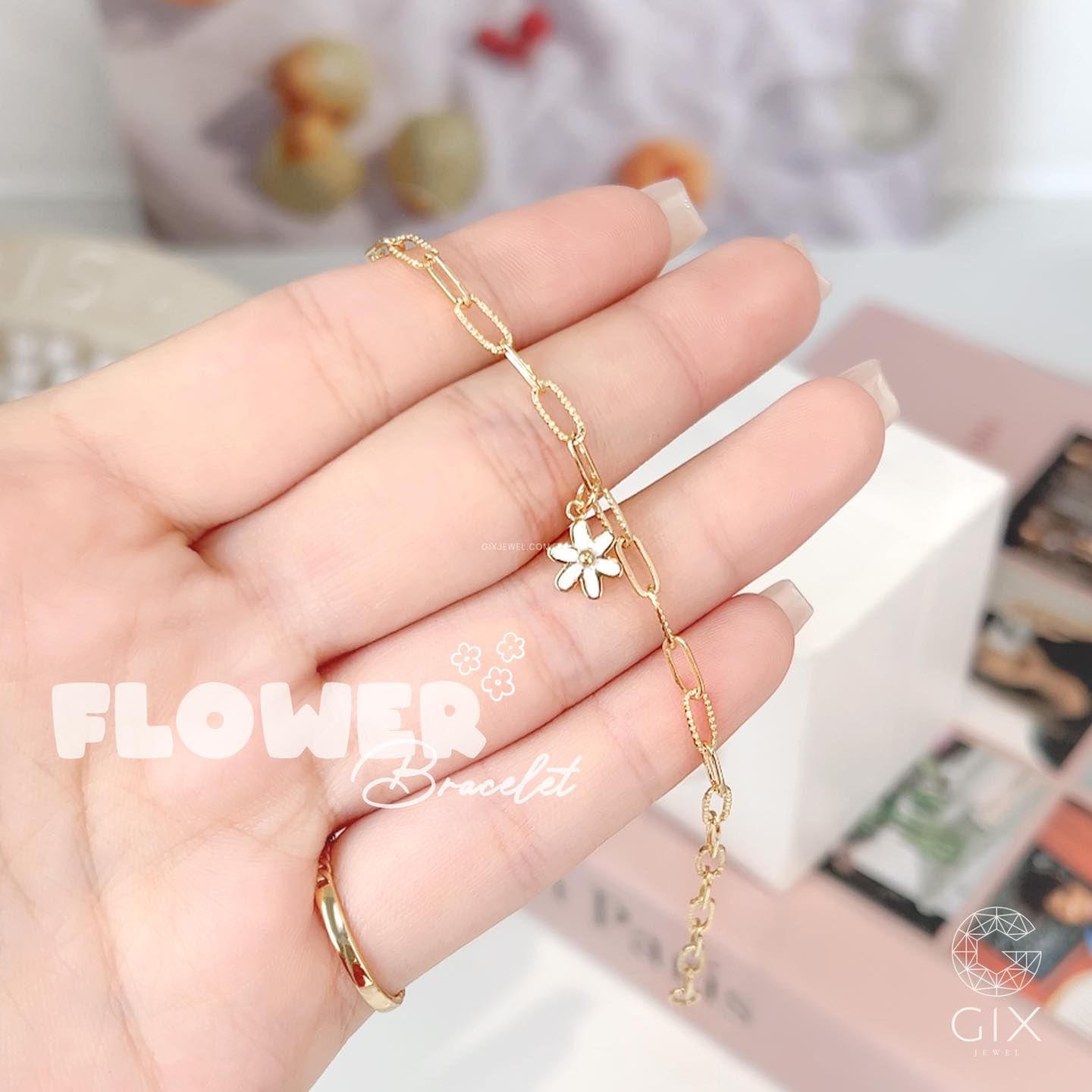 Lắc tay vàng nữ 18k bạc cao cấp mắc xích trơn gắn charm hình hoa xinh Gixjewelry