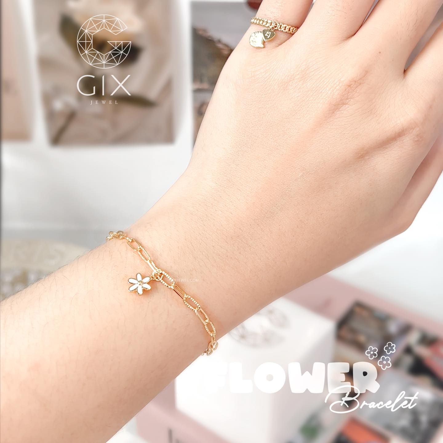 Lắc tay vàng nữ 18k bạc cao cấp mắc xích trơn gắn charm hình hoa xinh Gixjewelry