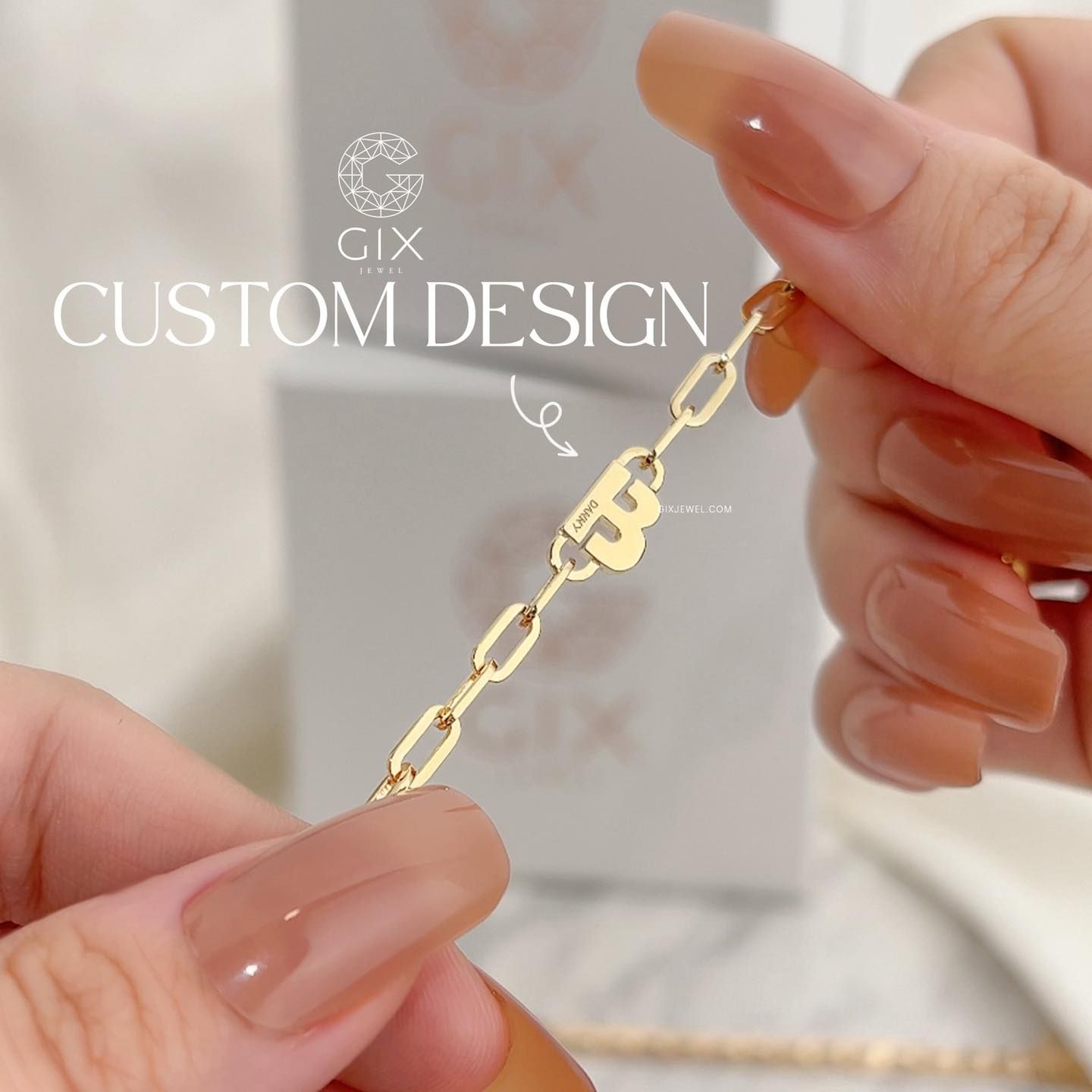 Vòng tay handmade vàng trắng đẹp mắc xích vuông gắn chữ khắc tên theo yêu cầu Gix Jewelry
