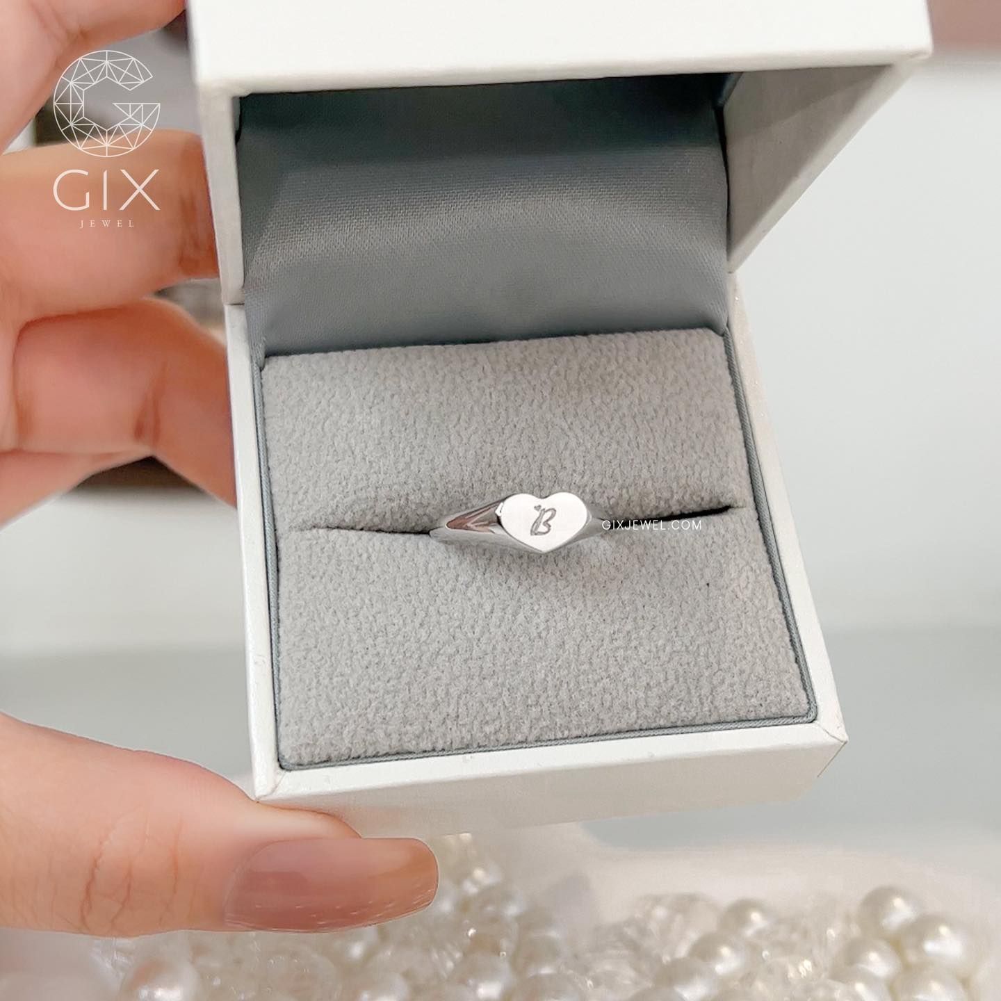 Nhẫn signet bạc nữ cao cấp Gix Jewel mạ vàng 18k hình trái tim khắc tên đẹp