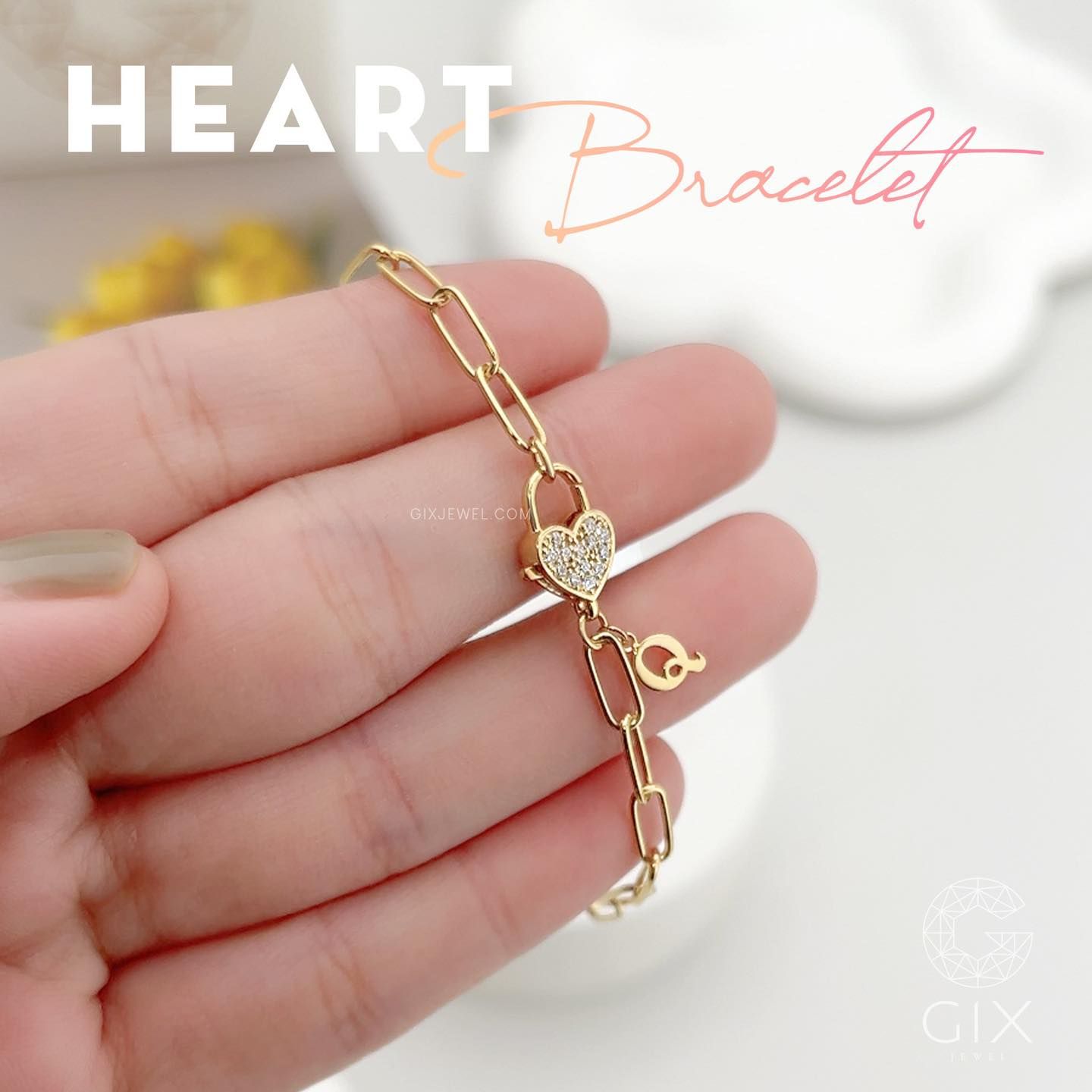 Vòng tay đôi tình yêu cho nam nữ sợi xích vàng 18k & bạc 925 gắn charm vàng trái tim và chữ Gix