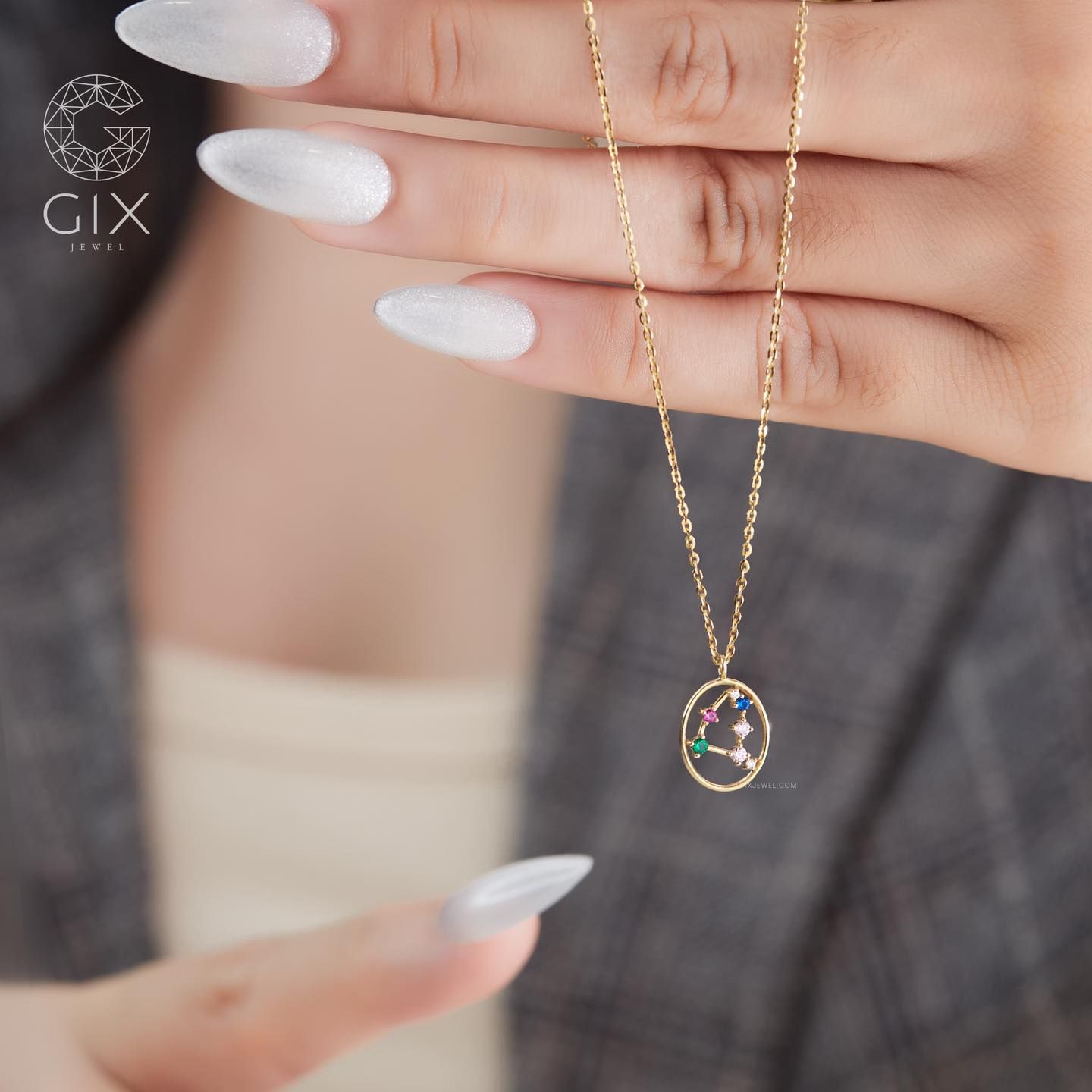 Vòng cổ bạc nữ mạ vàng 18k sợi nhuyễn hình cung hoàng đạo đính kim cương nhân tạo Gix